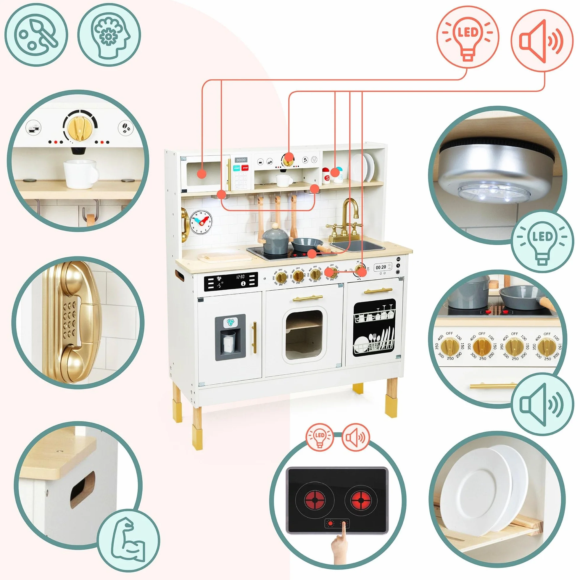 Mamabrum Cocina de Juguete para Niños de Madera con Luces LED - Juguetes Cocina Niños Interactiva con Altura Ajustable - Incluye Microondas, Lavavajillas y Accesorios - 104cm