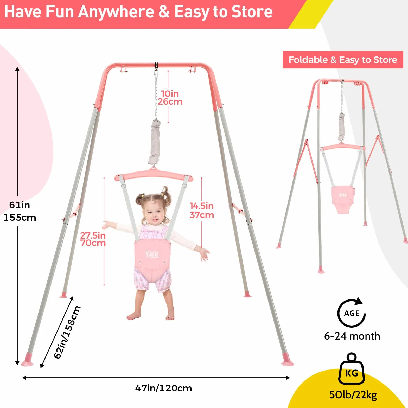 FUNLIO Saltador de Puerta con Soporte para bebé （6-24 Meses Juego de Ejercicio de Columpio para Jugar en Interiores/Exteriores para bebé niña/niño, con Cadena Ajustable, fácil de Montar - Rosa