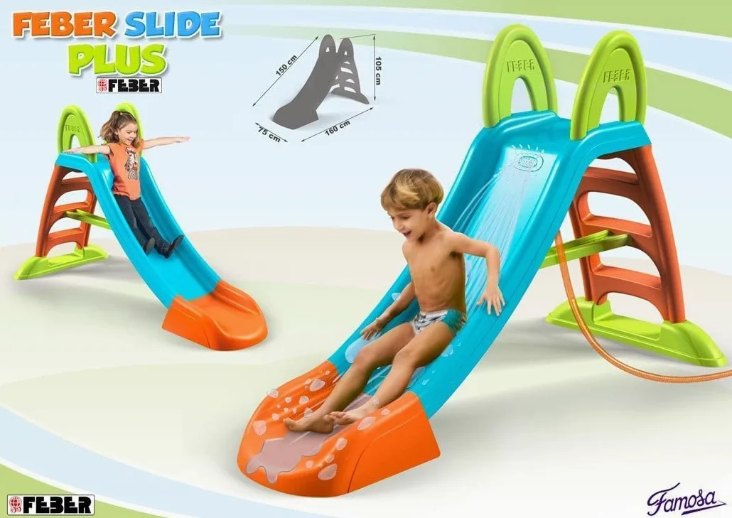 FEBER - Tobogán Slide Plus con Agua con hueco para la poner la manguera,escaleras antideslizantes,multicolor, de resistencia y fácil montaje, para niños de 2 y 7 años, FAMOSA(800009001)Versión previa