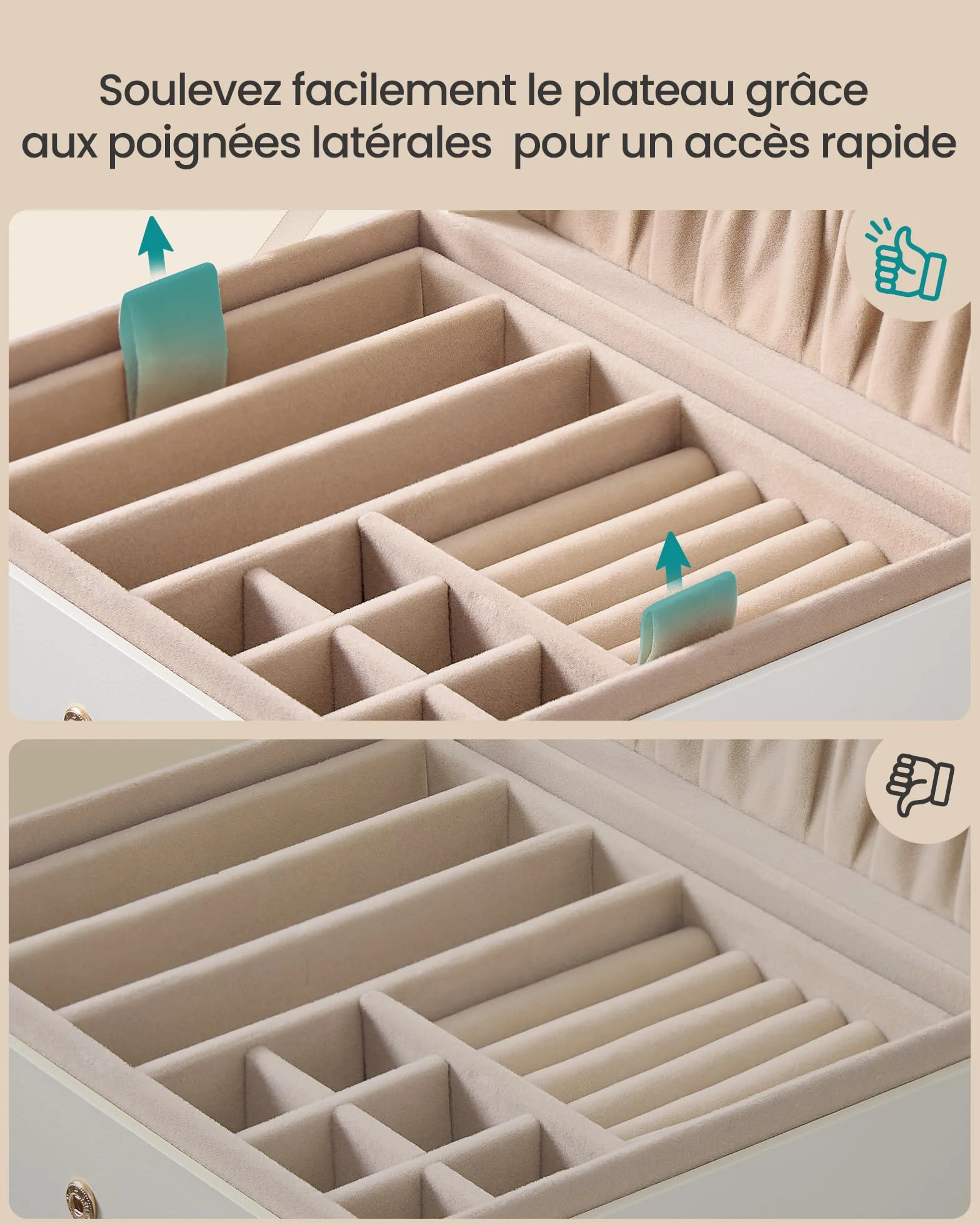 SONGMICS Caja Joyero, Organizador de Joyas de 2 Niveles con Bandeja Extraíble y Asa, para Collares, Pendientes y Anillos, 17 x 20,5 x 9,5 cm, Ideal para Regalo, Blanco Crema JBC208WD01