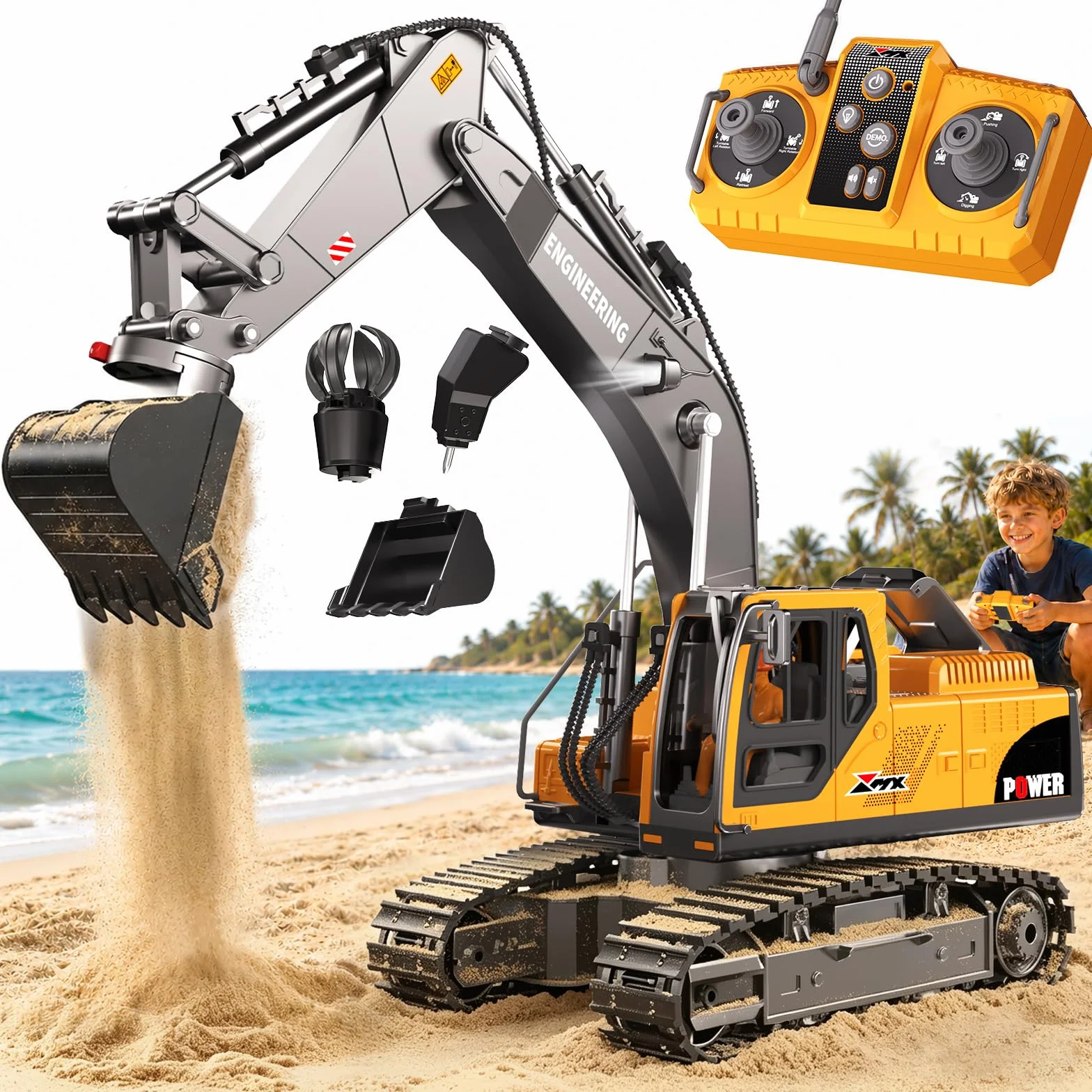 GraceDuck Excavadora Juguete RC 2.4GHz 3 en 1 Control Remoto Pala Aleación Trituradora Garra Giro 680°