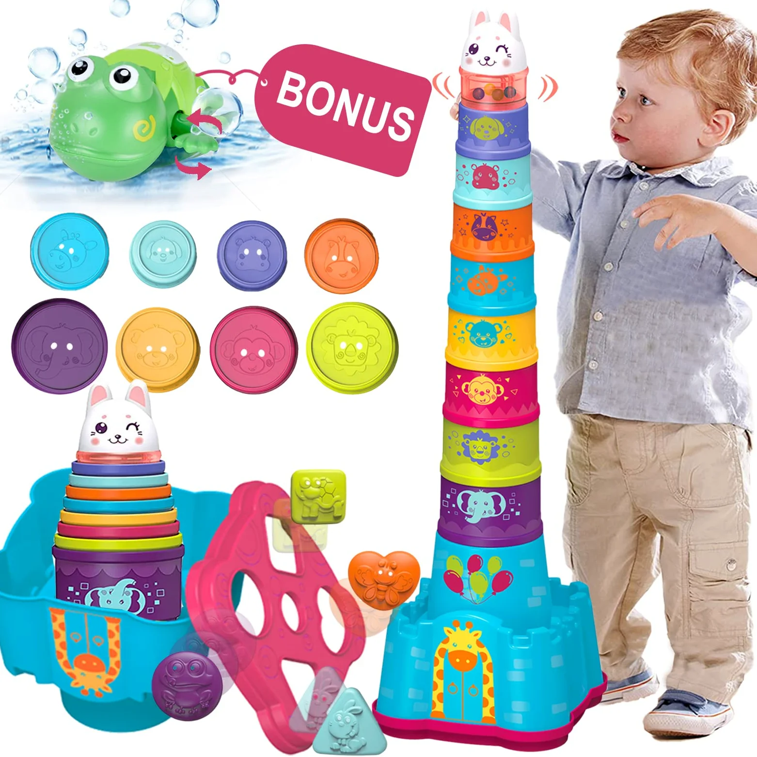 LTKFFFdp - Juguete apilable para bebés de 1 a 3 años, clasificador de forma de copa para bebés de 6-12-18 meses, bloque de aprendizaje apilable, regalo de cumpleaños para niñas y niños de 9
