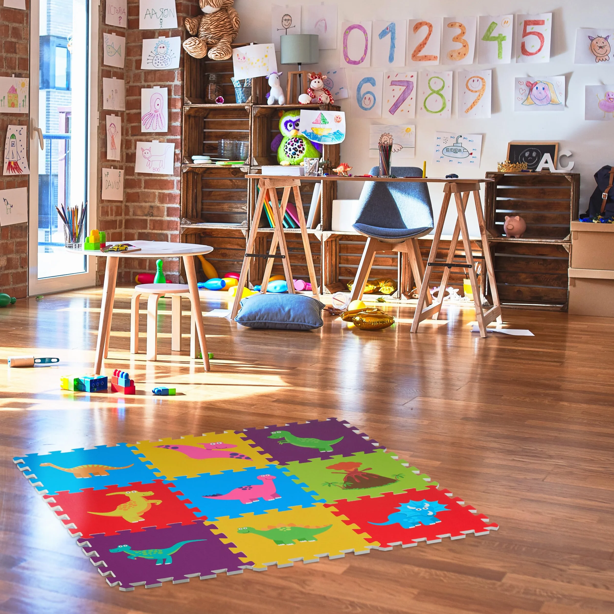 Relaxdays Alfombra Puzzle, Alfombrilla de Juego 3 x 3, Dinosaurios, Esterilla Gateo, Gomaespuma sin BPA, Multicolor, 86x86cm
