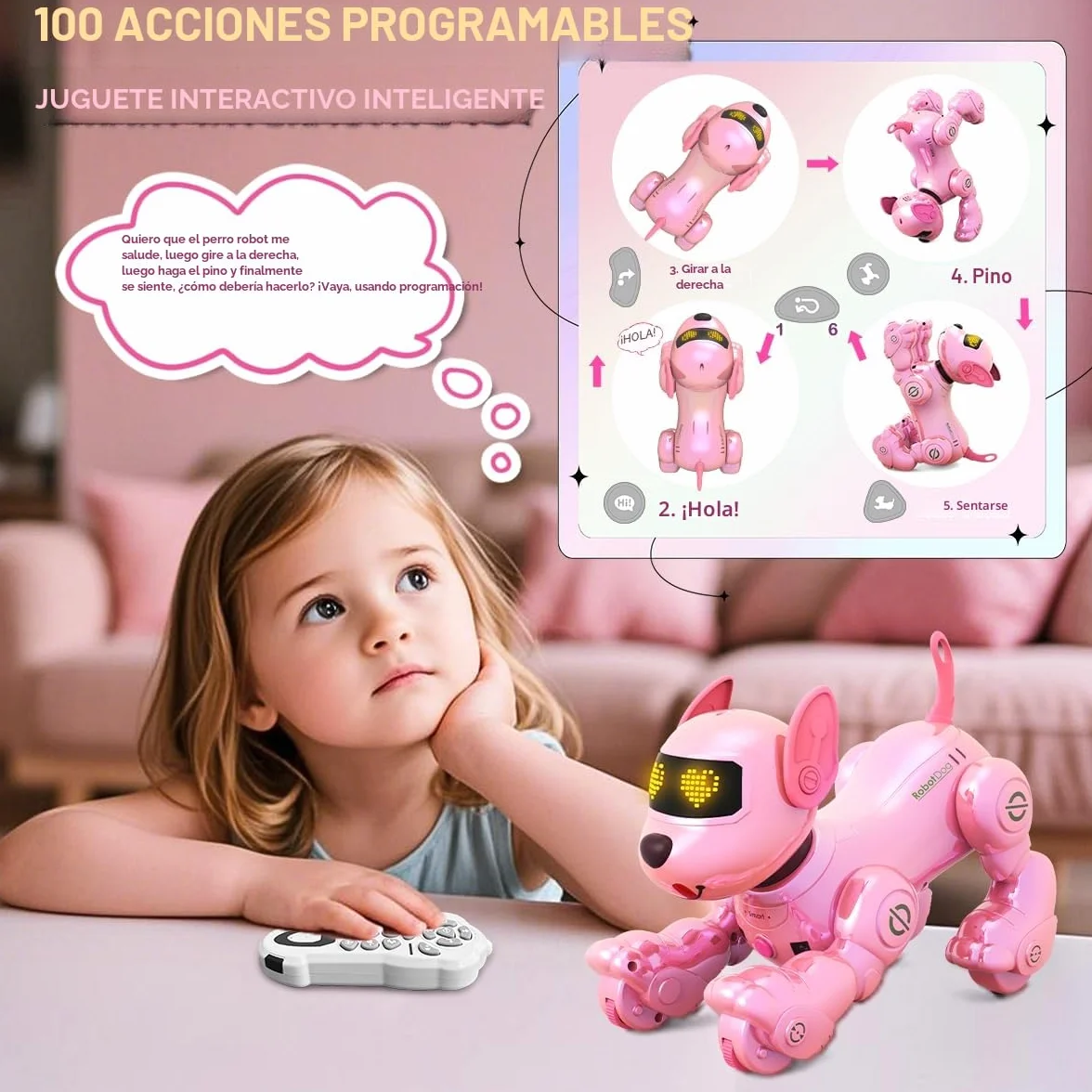 VATOS Perro Robot Recargable para Niños, Perro Robot con Control Remoto, Programable,17 Funciones Interactivas y Volumen Ajustable; Juguete de Cachorro Robot Que Canta y Baila, Regalo para Niñas,Rosa