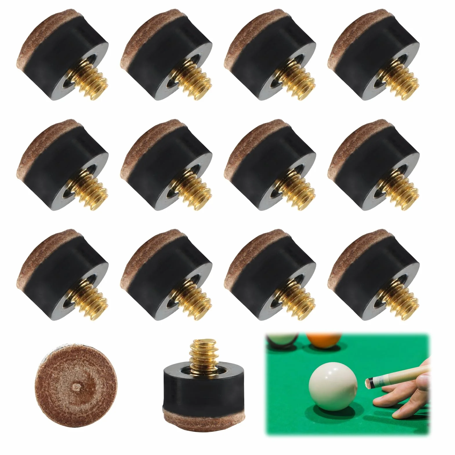 Ownkim 12 Puntas de Taco de Billar de 12 mm, Puntas de Repuesto Roscadas, Cuero Duro Marrón