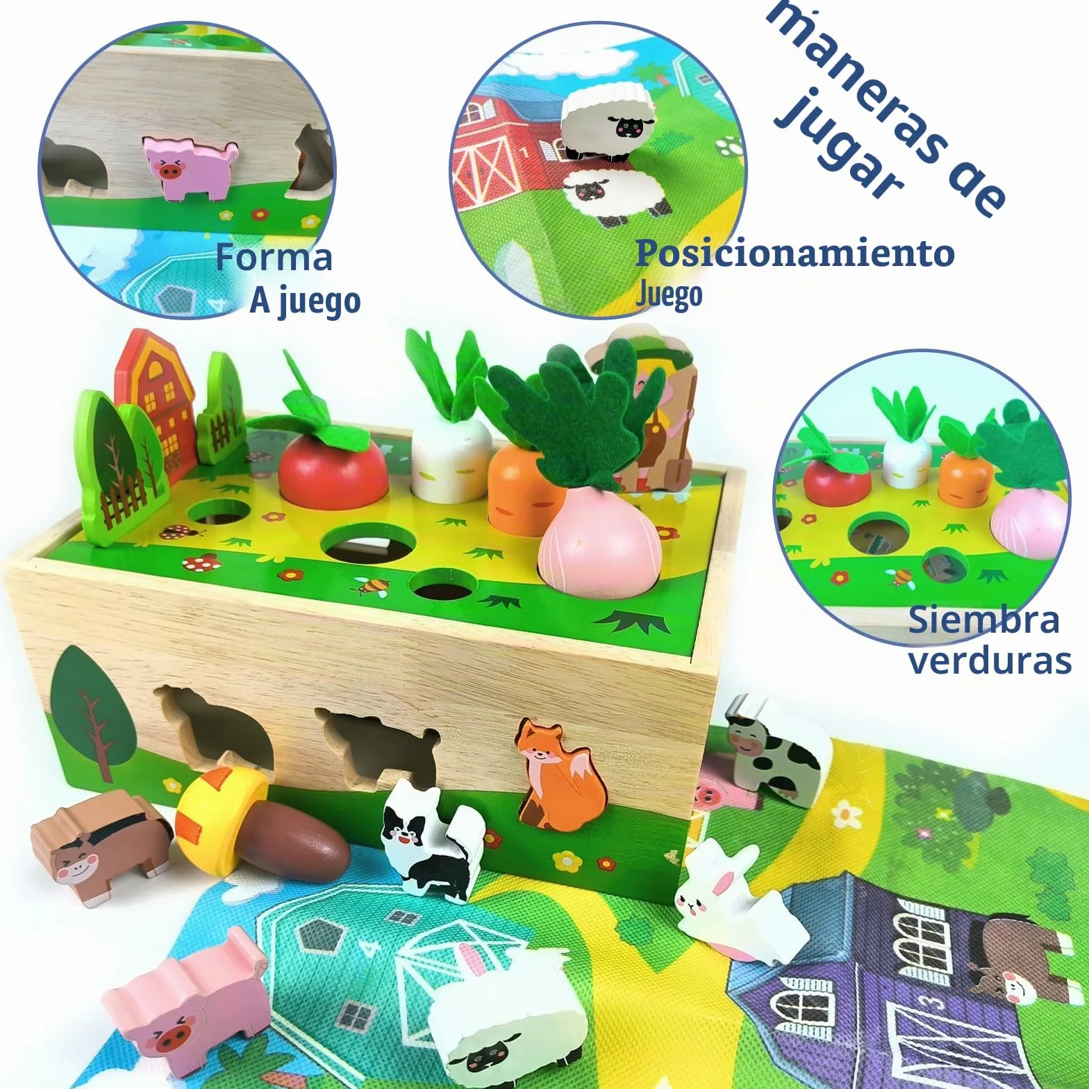 Montessori Juguete de madera para niños de 1, 2 y 3 años, juego de granja con animales y verduras, regalo para niñas y niños