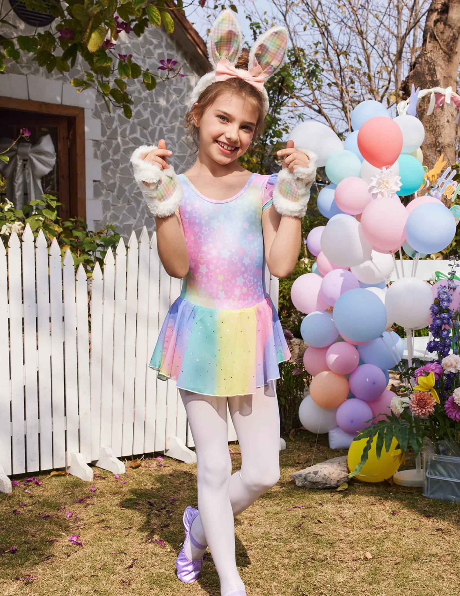 Arshiner Traje de Ballet para Niñas Sin Espalda Manga Corta Mono de Algodón con Falda Irregular Lentejuelas