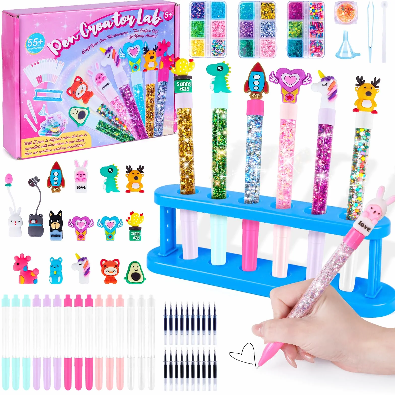 Kazzley Kit de Creación de Bolígrafos con 55+ PCS, Cree 15 Bolígrafos Personalizados, Manualidades Niños 5 6 7 8 9 10 años, Juego Creativo Infantil, Regalo Juguetes para Niños y Niñas