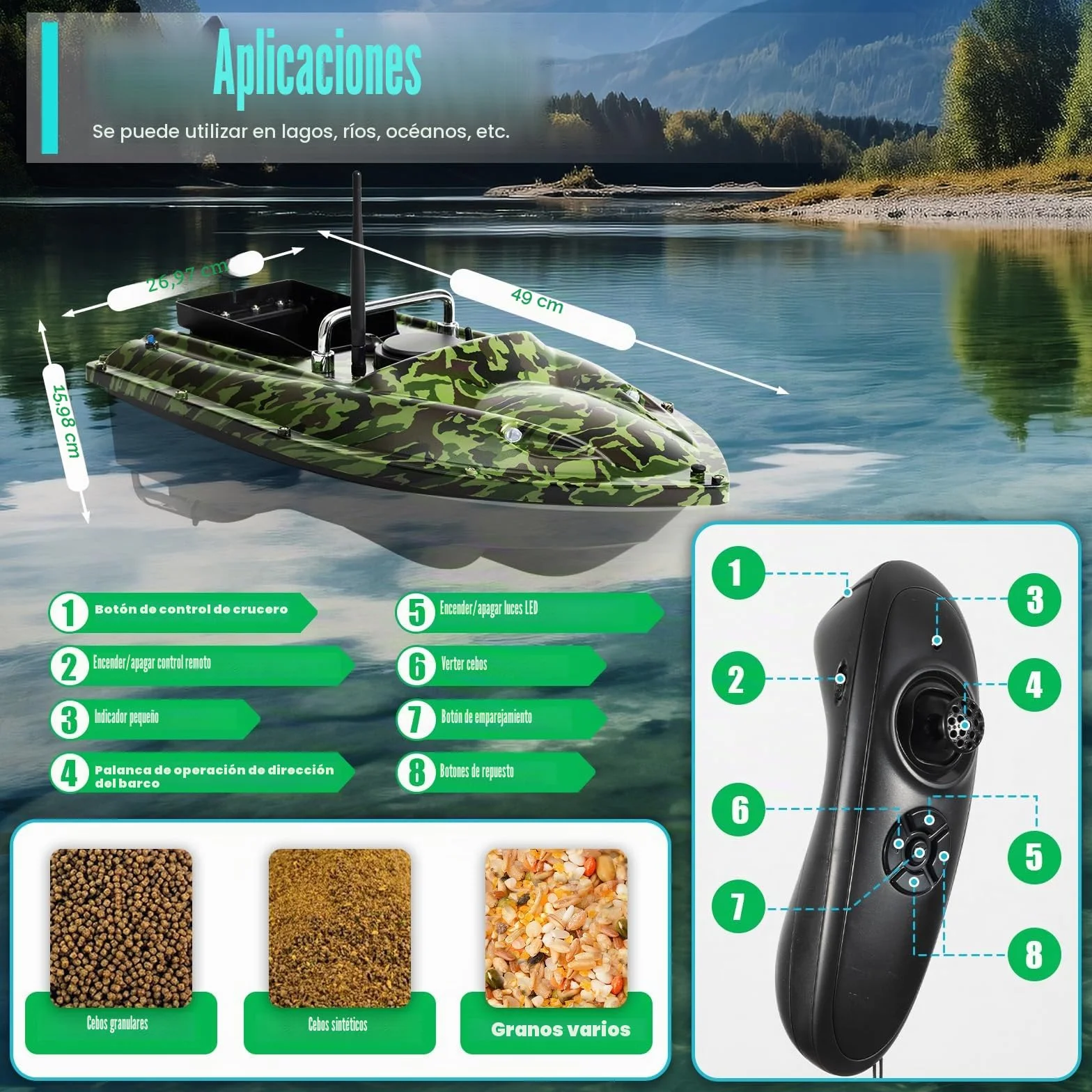 Barco Cebador Pesca Barco De Cebo para Pesca Barco De Señuelo Teledirigido De 500 Metros Mango Plegable,Capacidad 1,5 kg,Adecuado para Lago, Río, Mar,(Barco De Camuflaje Barco)