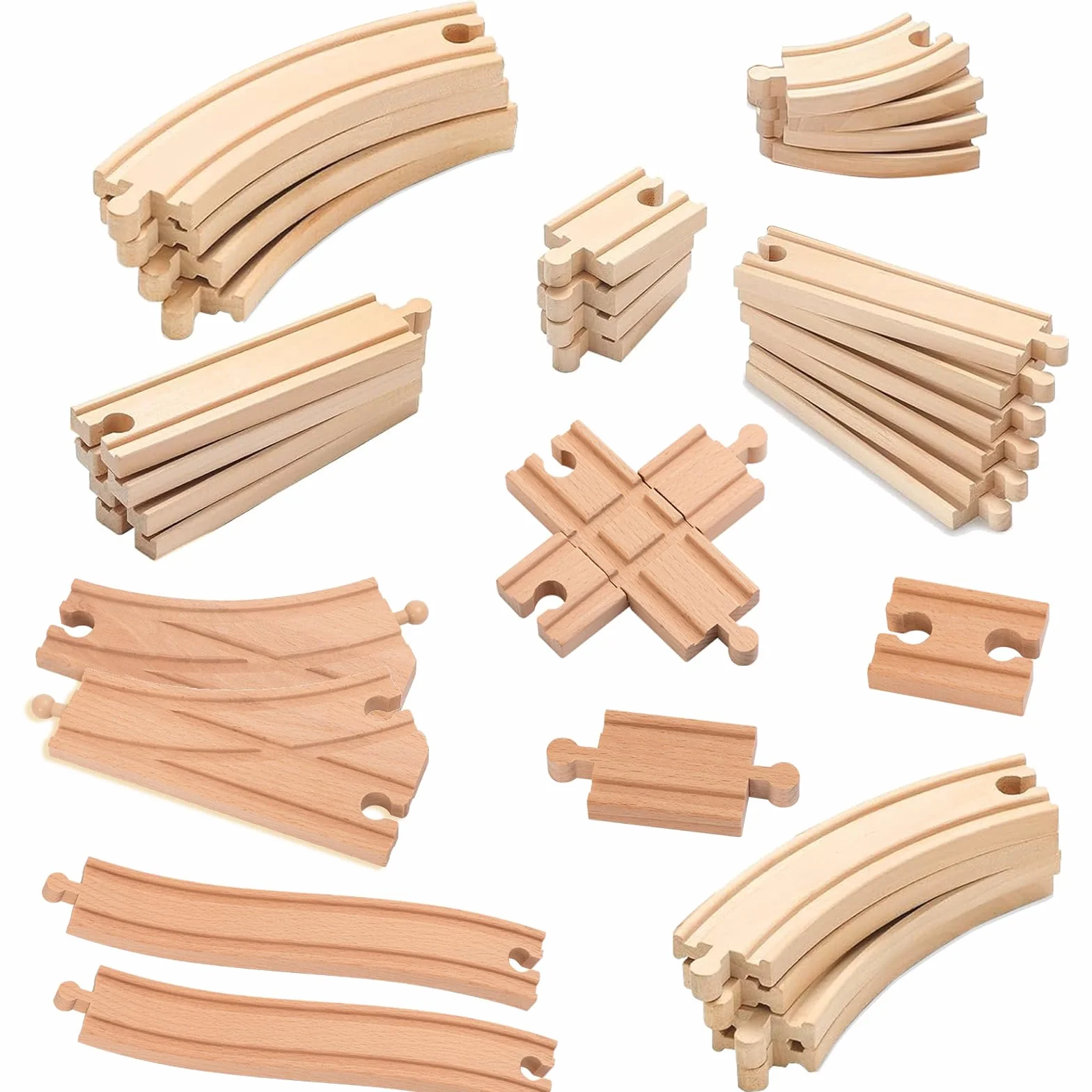 Juego de 33 rieles de ferrocarril de madera - Con riel en S, cruce y clavijas - Compatible con marcas de ferrocarril - Rieles de madera para niños de 3 años en adelante (33 piezas)