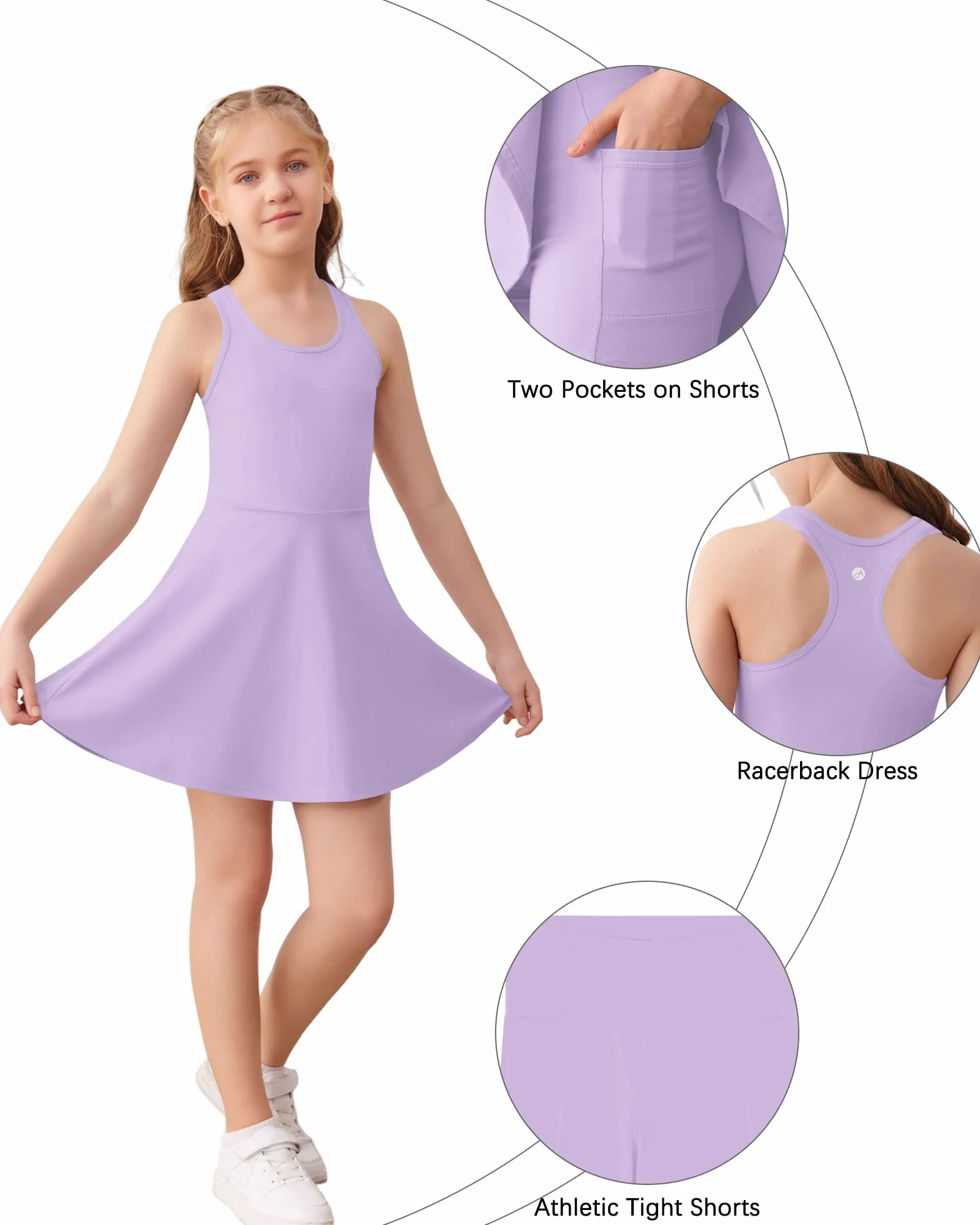 Vestido de tenis sin mangas para niñas, espalda cruzada, bolsillos cortos