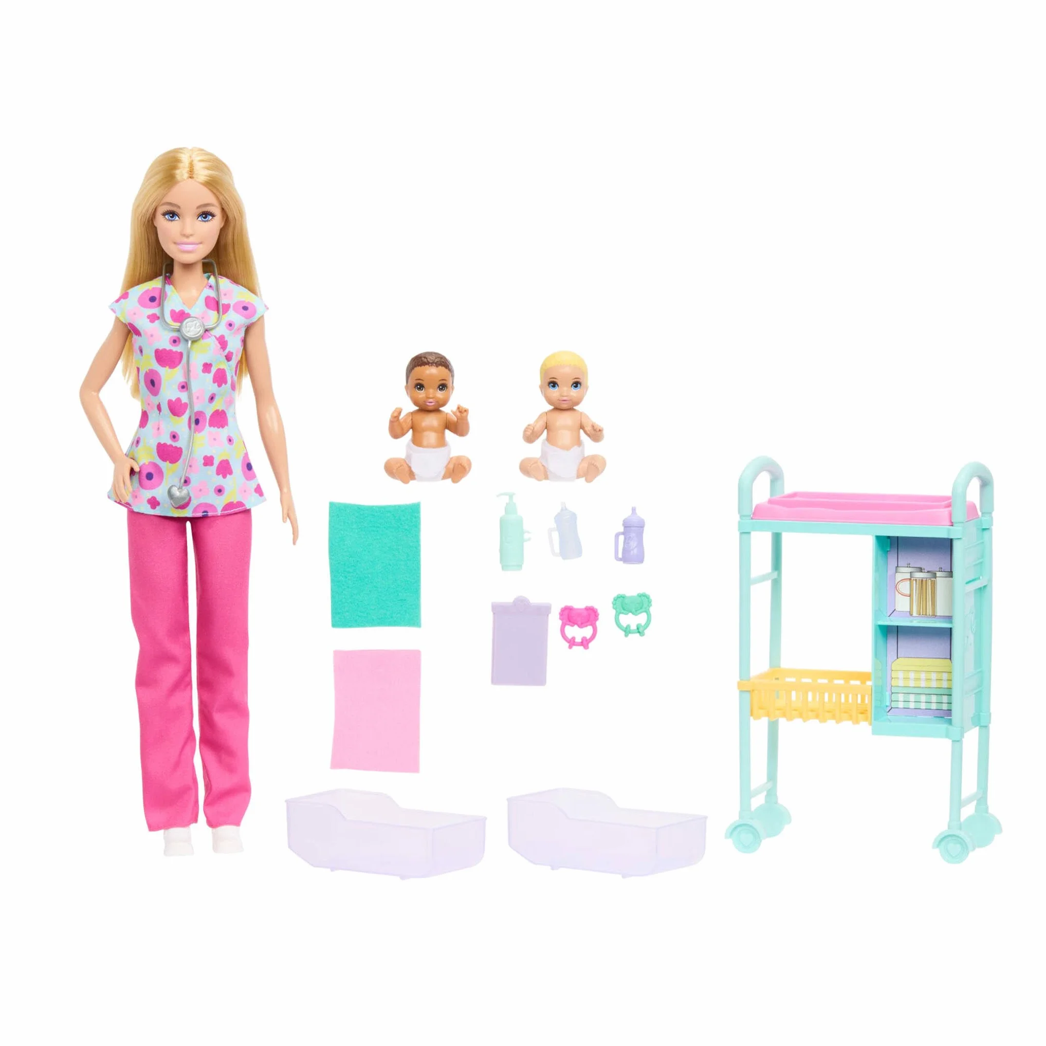 Barbie Profesiones Conjunto de muñeca pediatra con Pelo Rubio y Vestida con una Bata, 2 muñecos bebé, Mesa de reconocimiento y Accesorios, JMK12