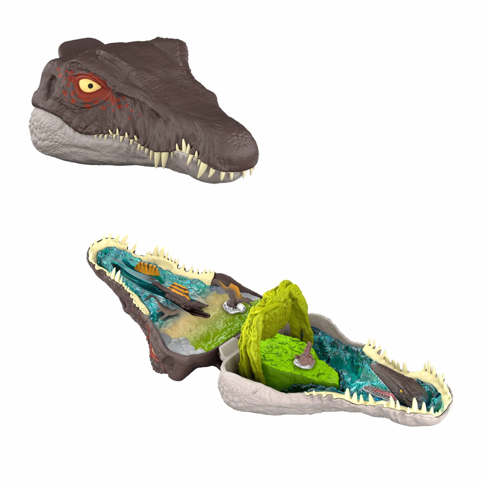 Mattel Jurassic World: El Renacer, Conjunto de juego Mini, la cabeza del Spinosaurio se abre, 4 funciones interactivas, 3 Micro figuras, Dinosaurio de juguete, JGB98