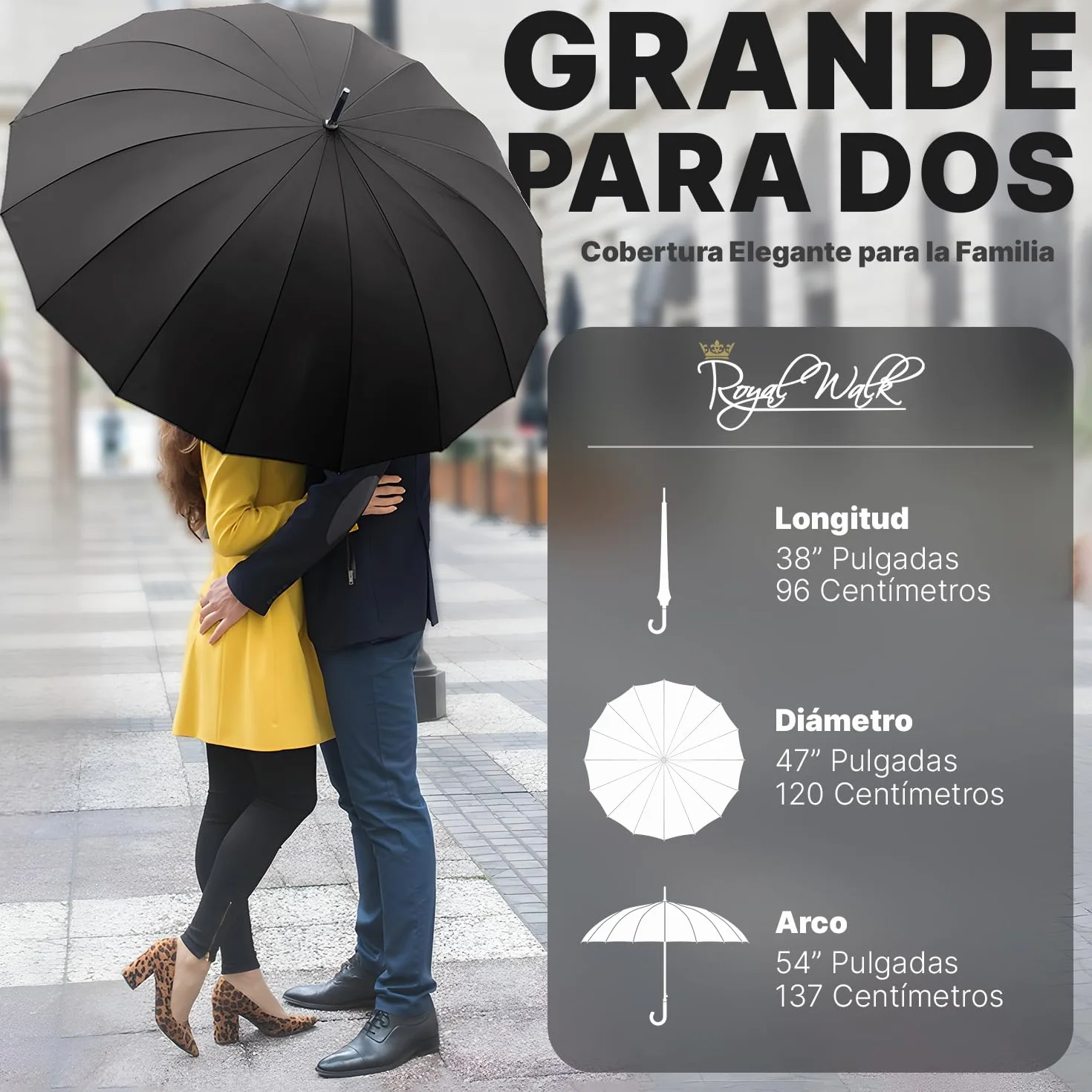 Royal Walk Paraguas Antiviento Automático 54 Pulgadas 120cm 16 Varillas Impermeable Negro