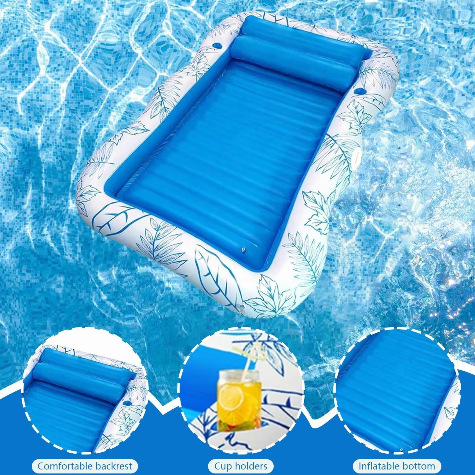 Flotador de piscina para adultos con portavasos, tumbona de natación inflable gruesa para lago de playa, respaldo de PVC a prueba de fugas, tapete de viaje portátil para relajación de vacaciones