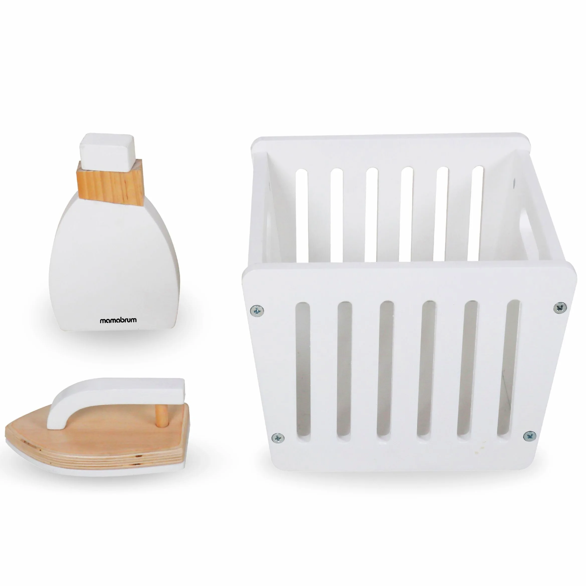 Mamabrum Lavadora Juguete Madera con Tabla Planchar, Cesto y Accesorios - Set Limpieza Juguete para Niños +3 Años - Incluye Escoba y Fregona - 65 x 29,5 x 68 cm