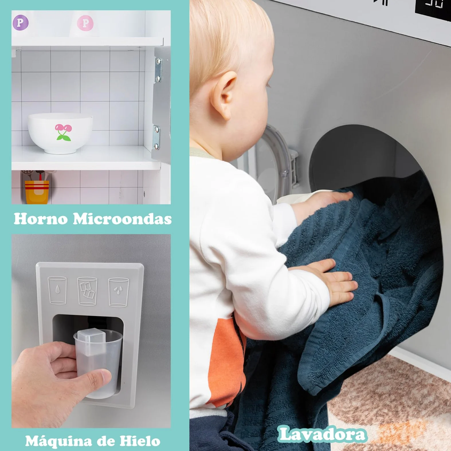 COSTWAY Cocina Juguete Infantil, Cocinita de Madera Infantil 3 en 1 con Refrigerador, Lavadora, Máquina de Hielo, Estufa, Fregadero, Horno, Microondas, Cocina Juguete con Luces y Sonidos (Gris)
