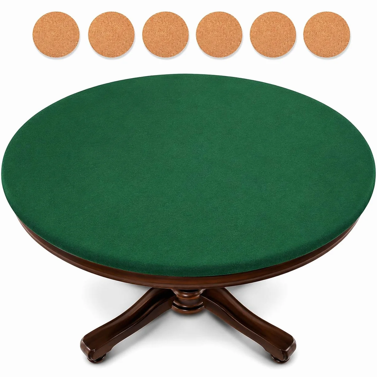 Katai – Cubierta Verde para Mesa de póker Estilo Casino – Fieltro elástico para mesas Redondas de 36 a 48" – Antideslizante y Reduce Ruido – Incluye 6 Posavasos
