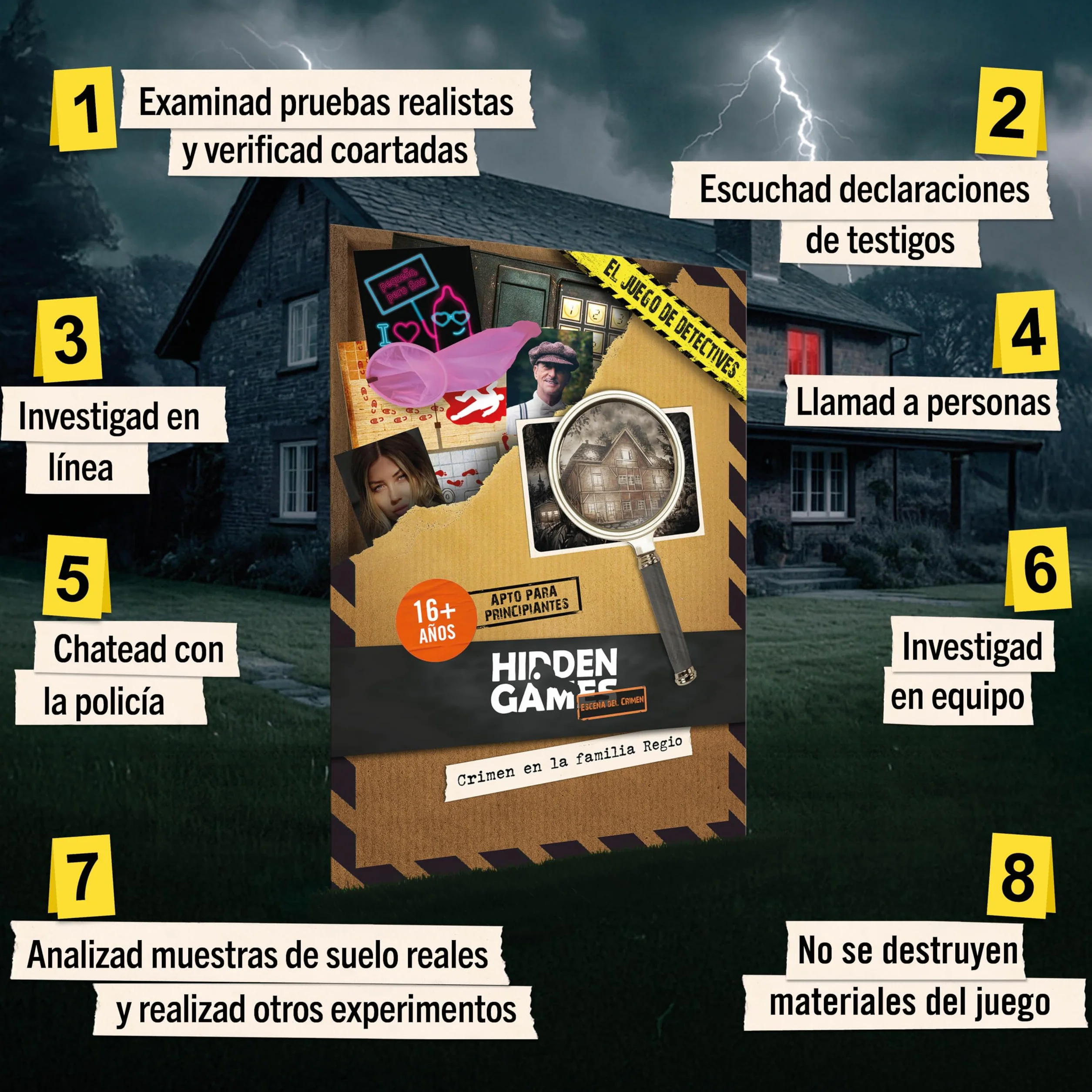 Hidden Games Escena del Crimen: Crimen en la Familia Regio, crimenes imperfectos, Exit Juego de Mesa de Misterio y Detectives cooperativo, 1-6 Jugadores, a Partir de 16 años, en español.