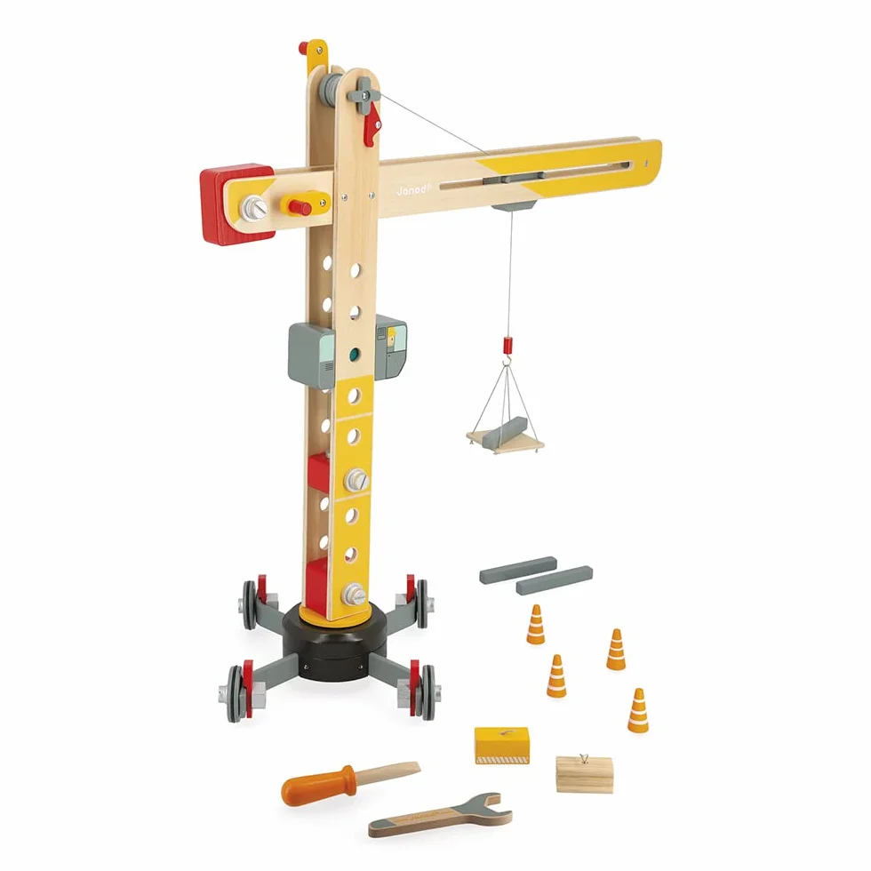 Janod - Grúa Grande de Madera 74 cm - Juguete de Imitación - Juego de Construcción - Rotación 360° y Móvil - 12 Accesorios - Certificado FSC - A Partir de 3 Años, J06468