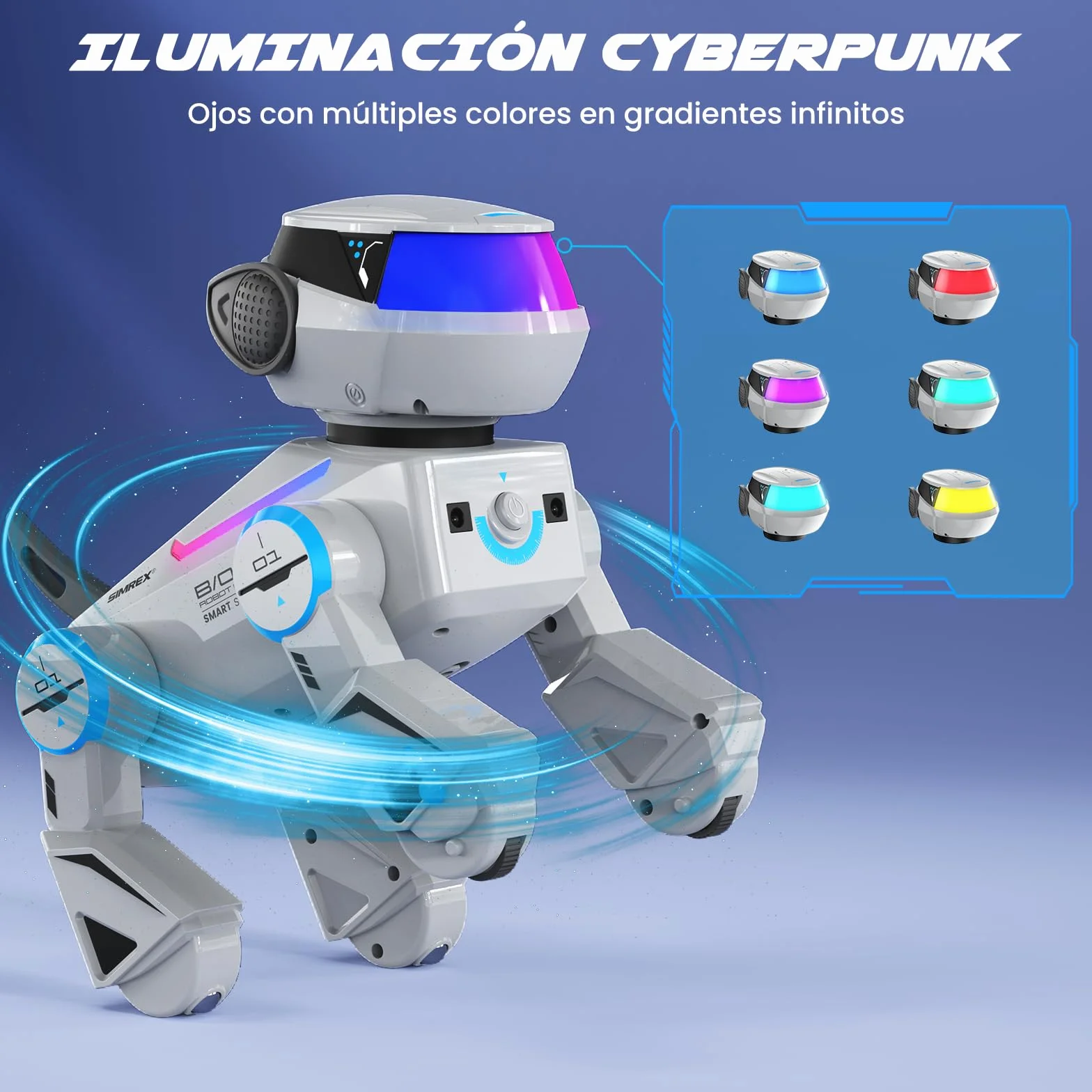 SIMREX Robot Perro Juguete Inteligente Interactivo con Sensor Táctil Control Remoto Bluetooth Ojos LED Gris