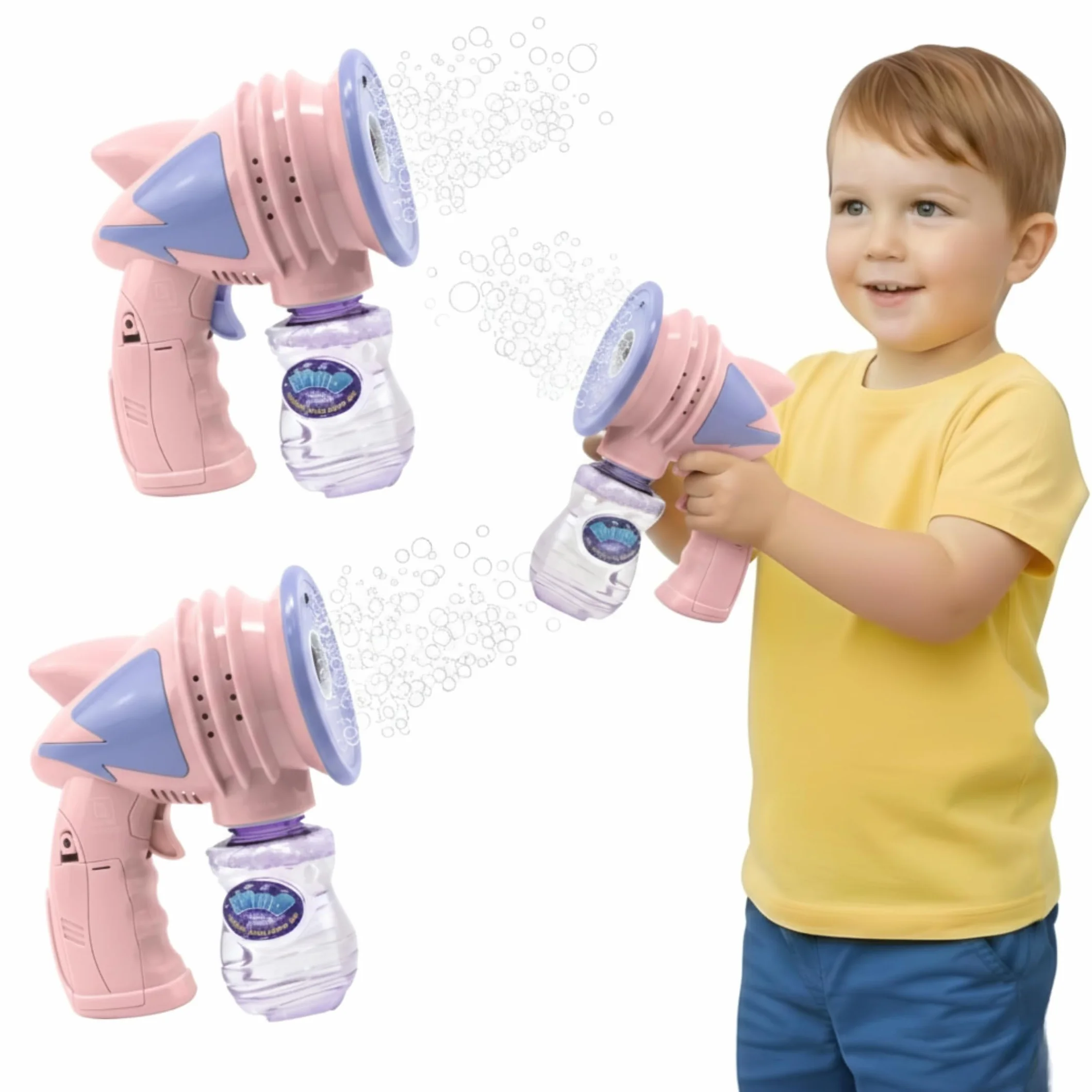 Set de 2 Pistolas de Burbujas Automatica con Luz y Musica + Botellas de Solucion – Juguete para Niños, Fiestas, Regalos y Verano al Aire Libre