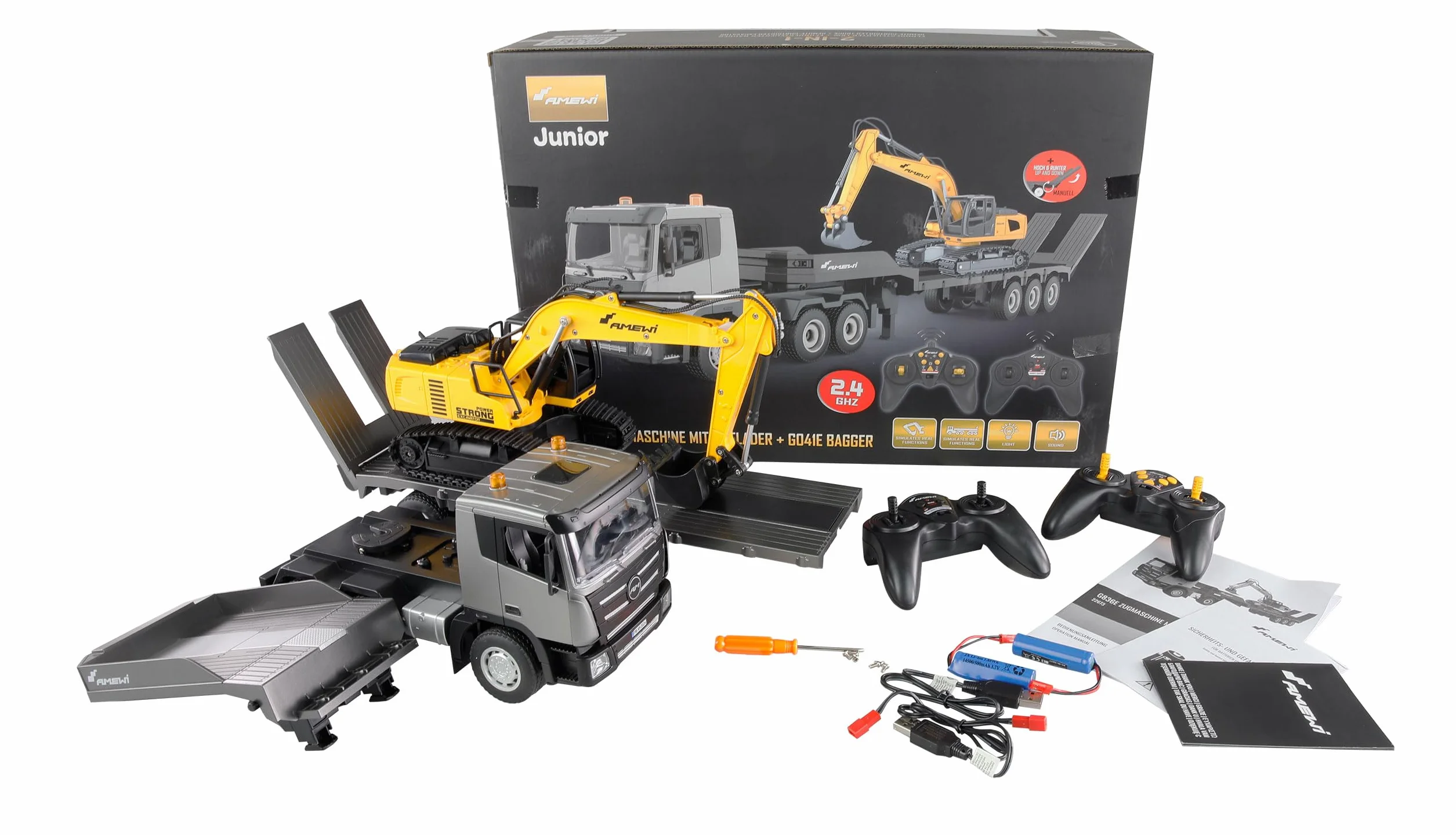 Amewi Juego de camión 2 en 1 con camión de Carga Baja y Excavadora 1:24 RTR teledirigido RC Obras para niños de 8 años, Color Antracita, Negro y Amarillo