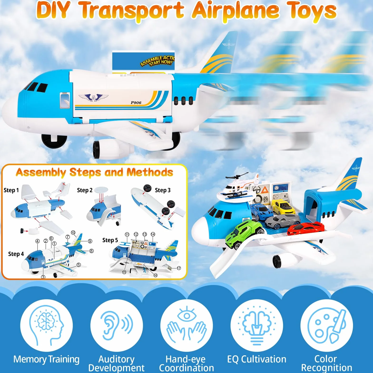 Aviones de Juguete,Juego Avión de Transporte,Juego de Juguetes de Avión con 7 Coches de Juguetes y 1 Helicóptero, Juegos y Juguetes Niños Educativos, Regalo para Niños y Niñas Mayores 3 Años