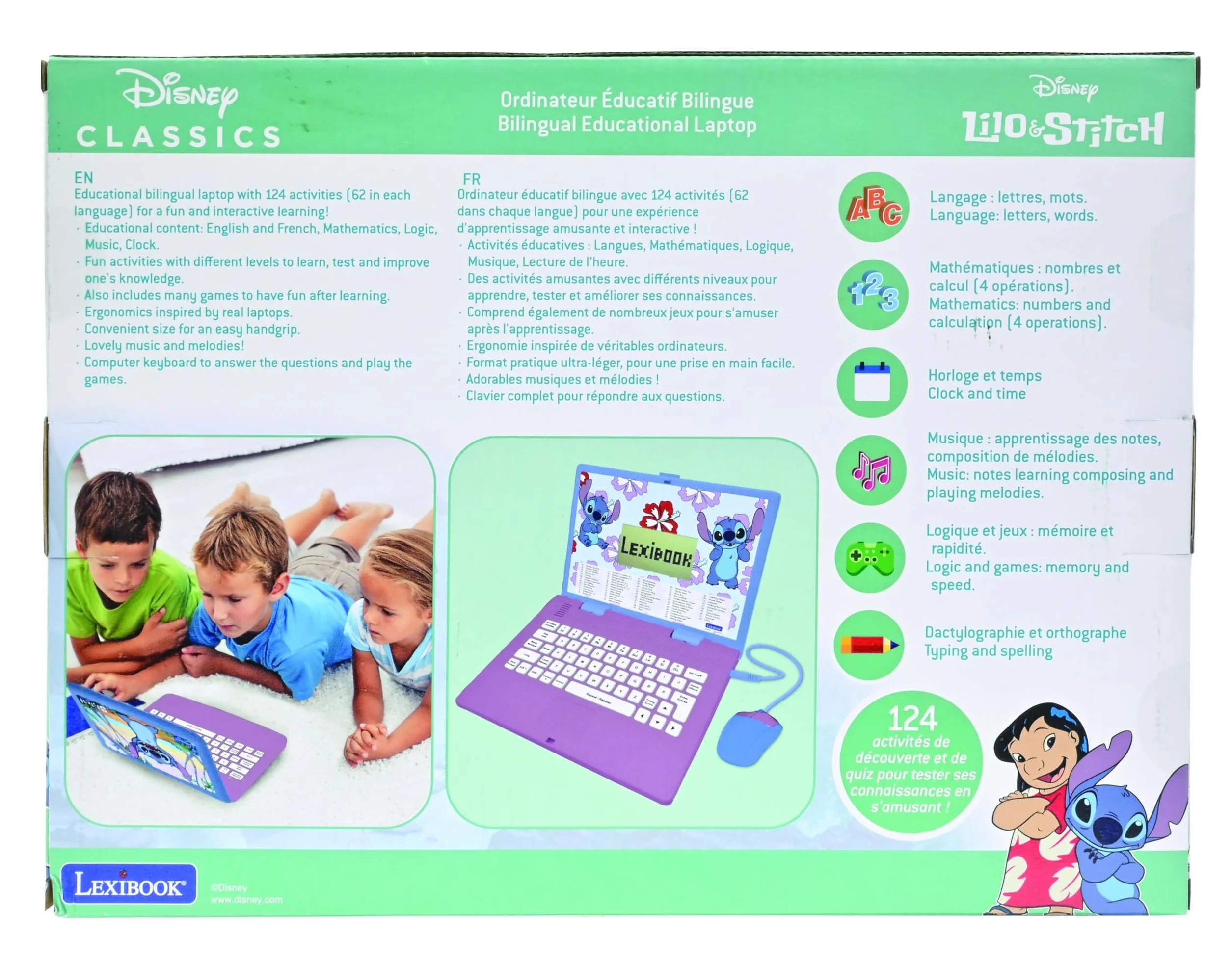 Lexibook, Disney Stitch, Ordenador Educativo bilingüe en inglés/español, 124 Actividades de lenguaje, Escritura, matemáticas, lógica, música y Juegos, para niños y niñas, JC598Di2