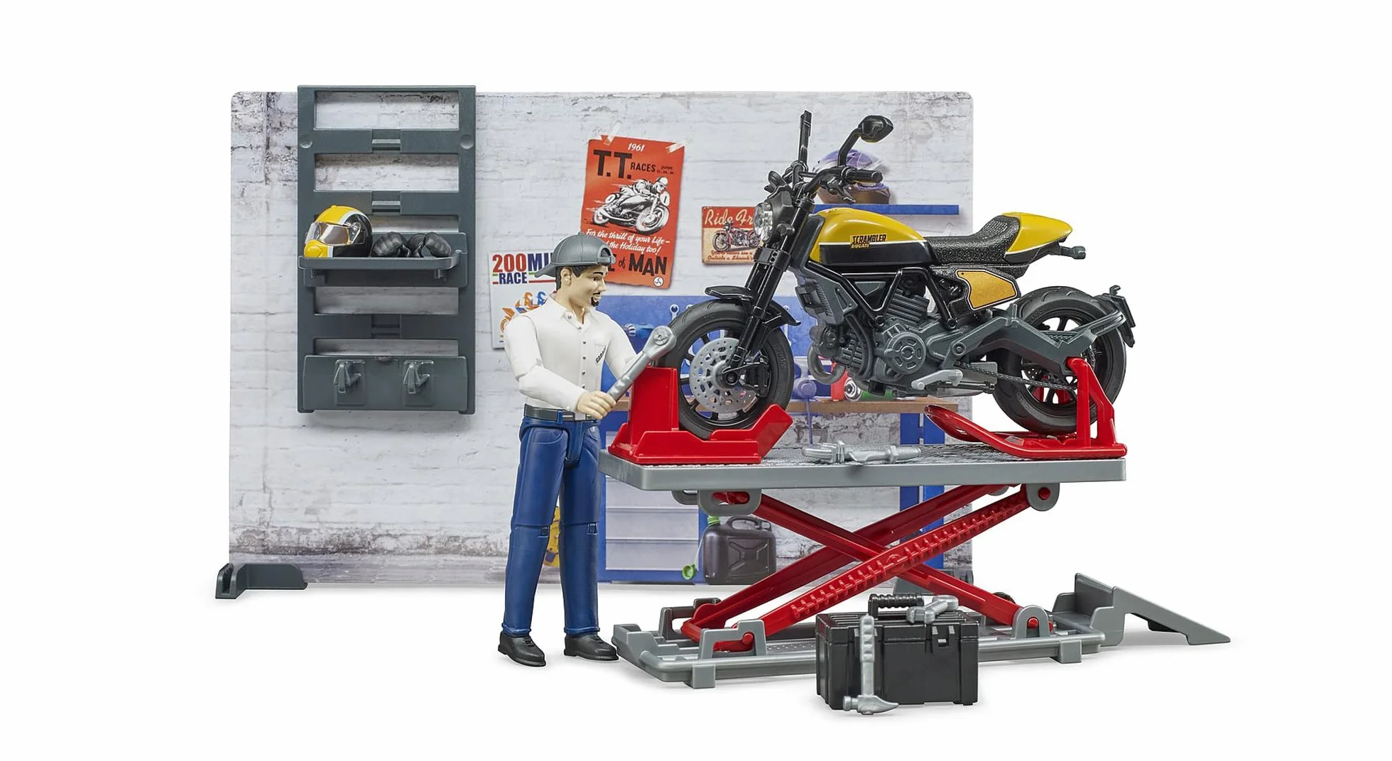 bruder 62102 - bworld taller de motos Scrambler Ducati Full Throttle con mecánico,taller, figura de juguete