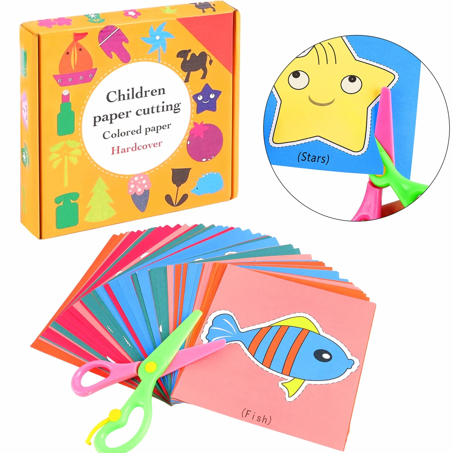 Juego de corte de papel para niños, 2 unidades de tijeras de plástico de seguridad para niños, con 96 hojas de papel con frutas de animales, tijeras para manualidades, tijeras de papel, habilidades