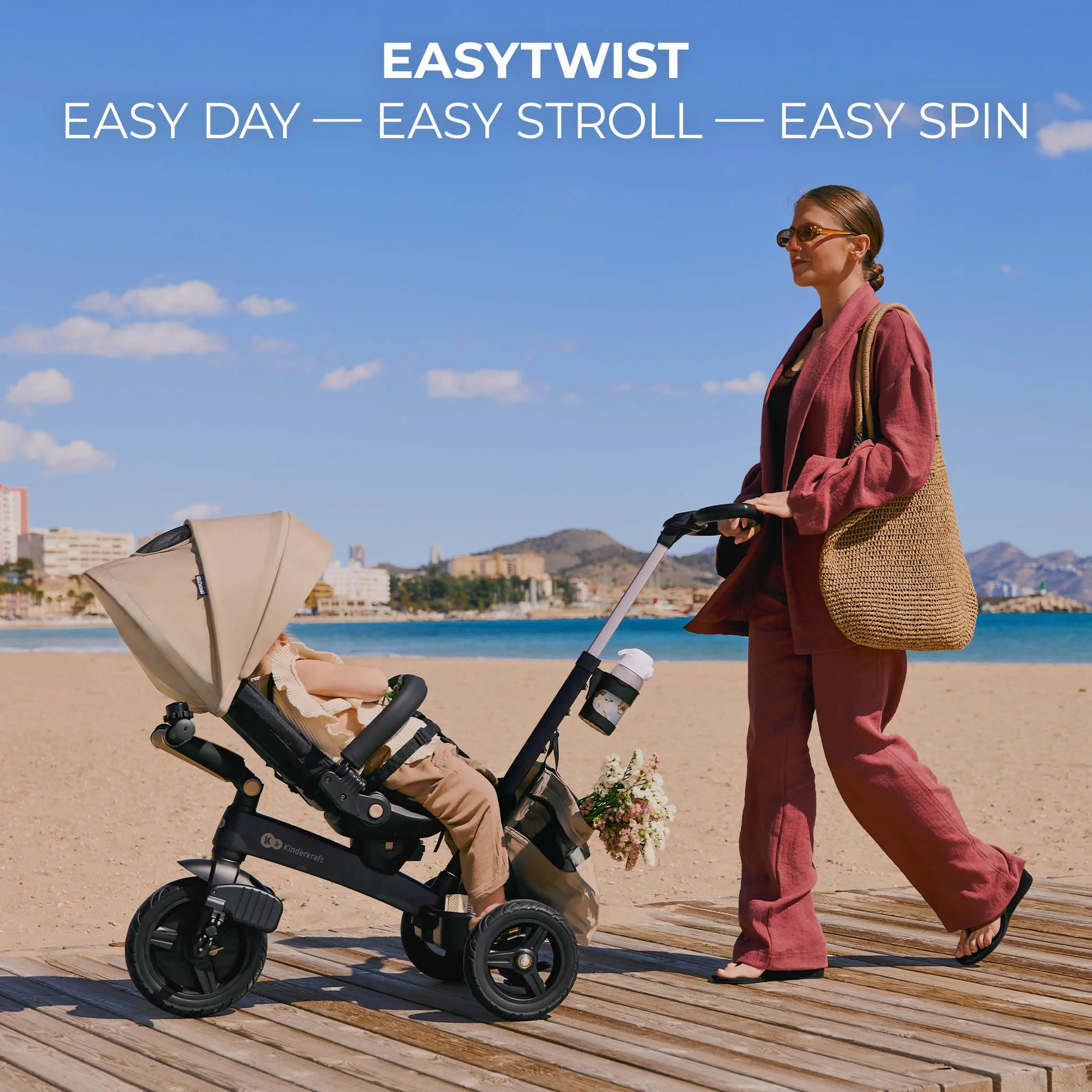 Kinderkraft EASYTWIST Triciclo Infantil, con Accesorios, Ventana de Techo, Cinturones de Seguridad, rotación de 360 Grados, Rueda Libre, Barra de Empuje, a Partir de 9 Meses hasta 5 años, Rosa