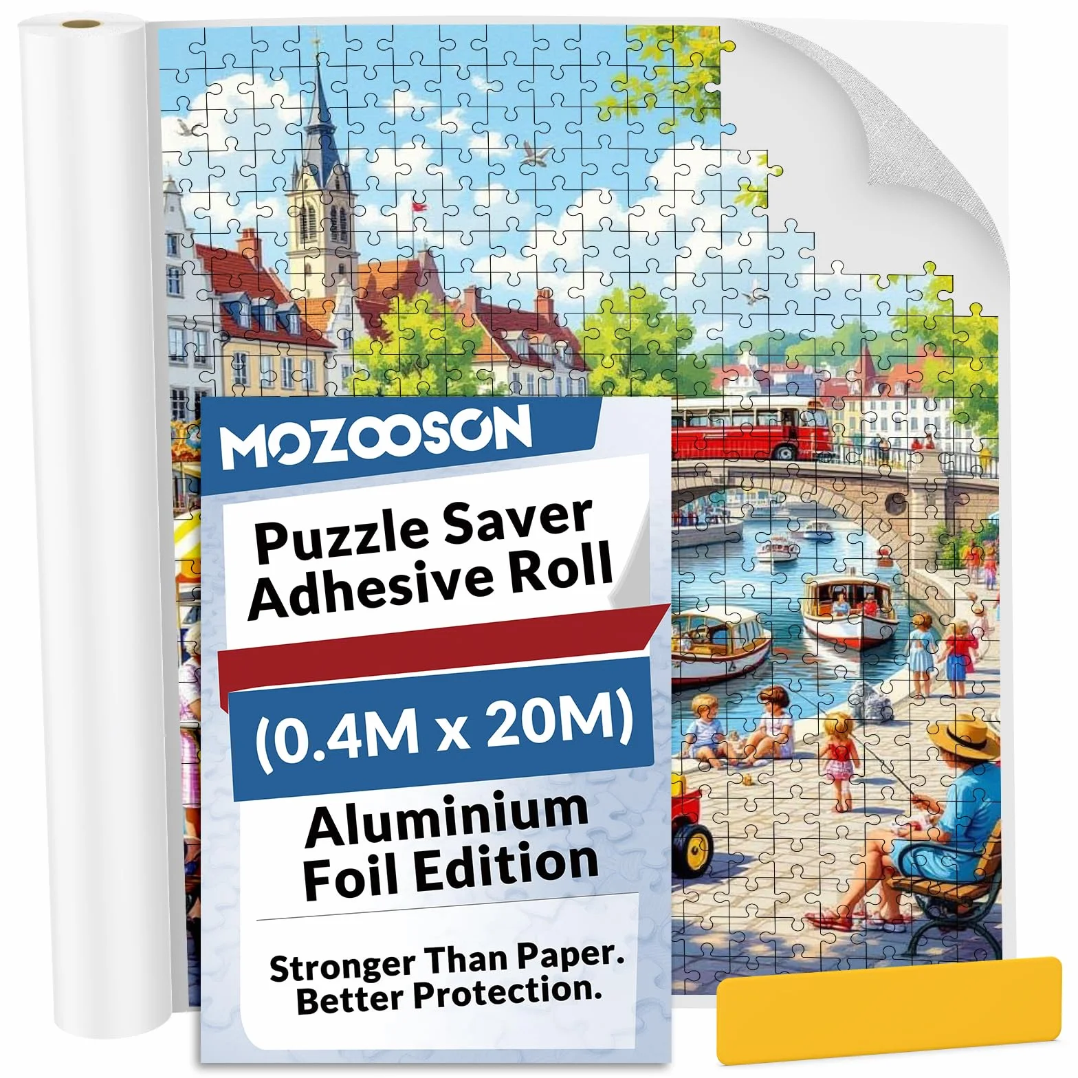 Pegamento para Puzzles en Rollo - 40cm x 20m Lámina Adhesiva de Aluminio para Conservar Puzzles Hasta 20 x 1000 piezas, Soporte Reforzado Anti-Humedad y Sin Deformación, Incluye Espátula de Aplicación