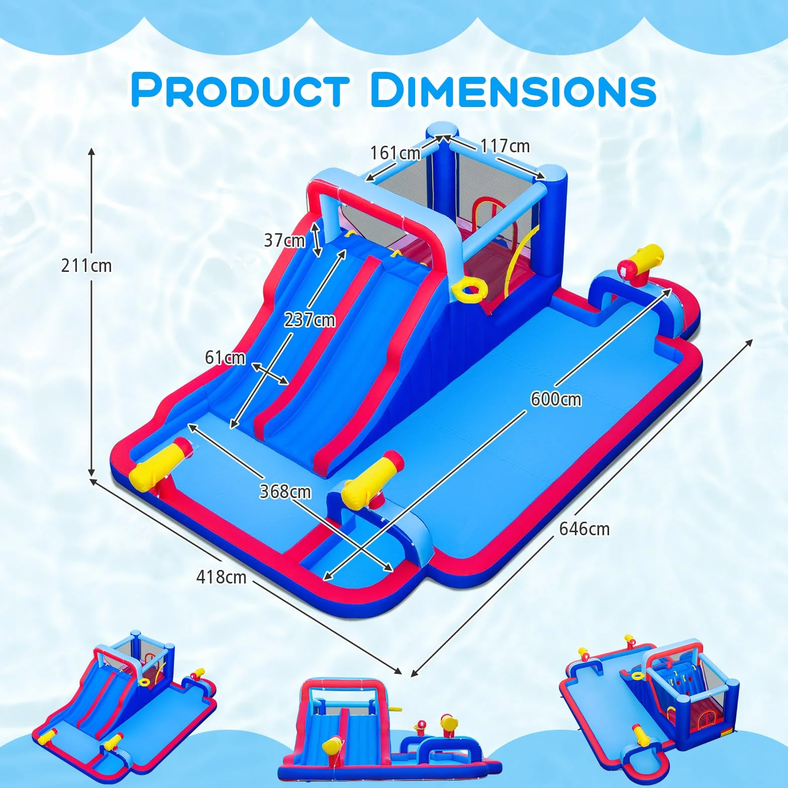 GOPLUS Castillo Hinchable, Castillo Inflable 2 en 1 con Pared de Escalada, Cañones, Piscina de Chapoteo y Tobogán Acuático, Casa de Saltos Infantil para Interior y Exterior, Soplador No Incluido