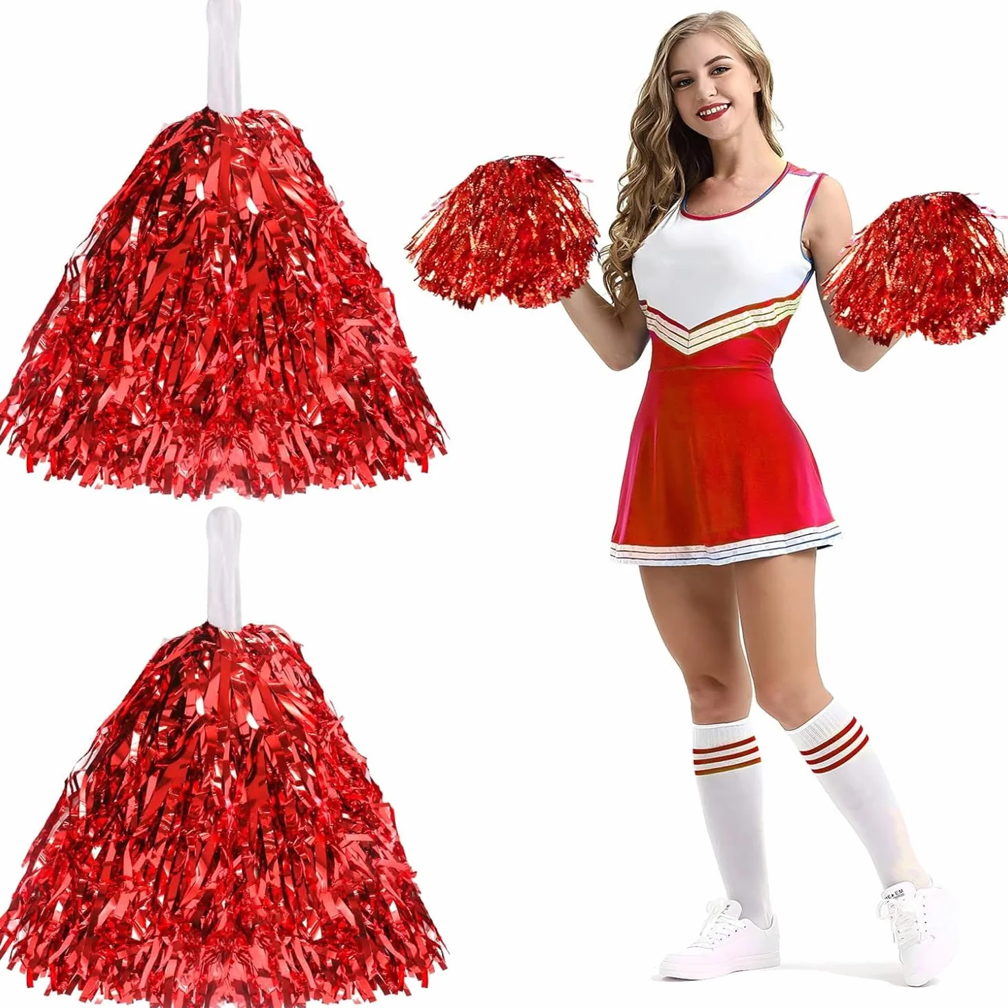 Pompones de animadora de lámina con asa para juegos de pelota, baile, fiesta (rojo)