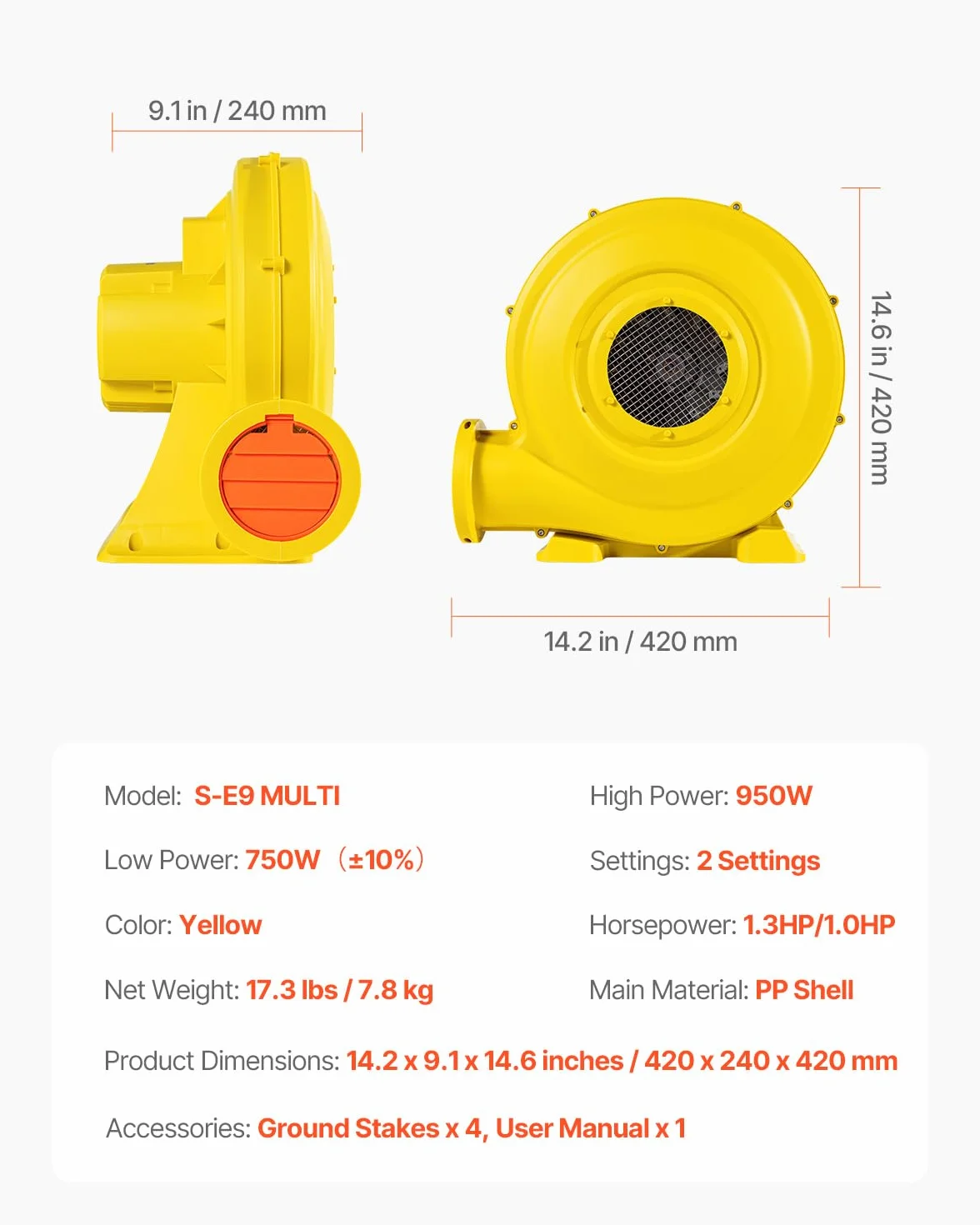 VEVOR Soplador de Aire para Castillos Inflables, 870 W y 950 W, 1,3 HP, Bomba Comercial, Ventilador Eléctrico 3300 RPM, Castillos Inflables, Toboganes de Agua, Amarillo, 420 x 240 x 420 mm