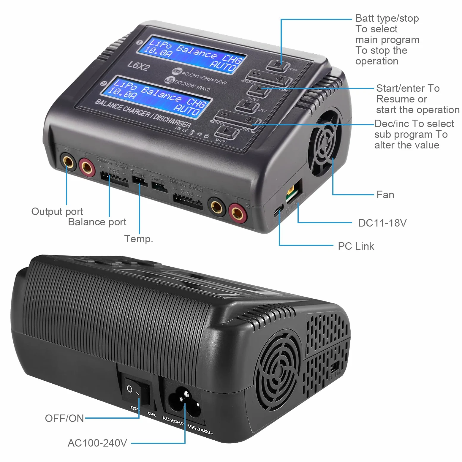 Haisito L6X2 Duo RC Balance Cargador/Descargador para Lilon LiPo Life LiHV NiCd NiMH PB Smart Batería Dual Multicargador AC 150W DC 240W 10A x 2