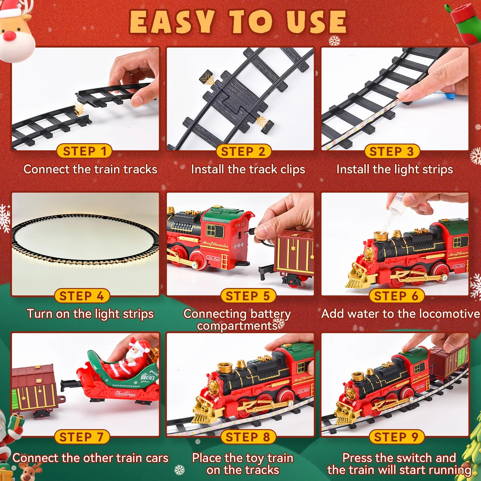 Tren Eléctrico de Navidad con Riel Luminoso - Tren Navideño para Árbol con Luces LED Cálidas, Spray y Sonido, Set Clásico de Trenes de Navidad para Niños 3 Años o Más - Regalo Mágico