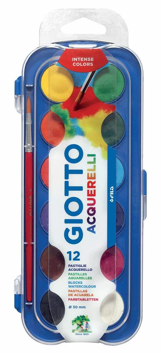 GIOTTO Aquarelli, Acuarelas, con 1 pincel incluido, diámetro pastilla 30mm, Colores Surtidos, 12 uds.