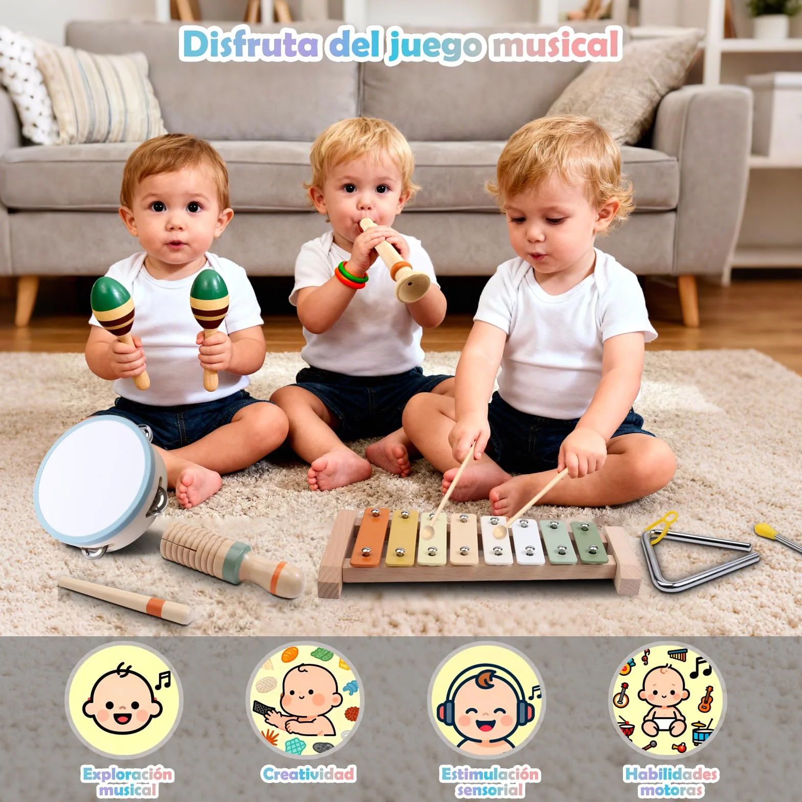 Instrumentos Musicales de Madera para Niños de 3 4 5 Años, Set Montessori de 12 Piezas con Xilófono, Pandereta, Maracas, Triángulo y Güiro, Percusión Infantil