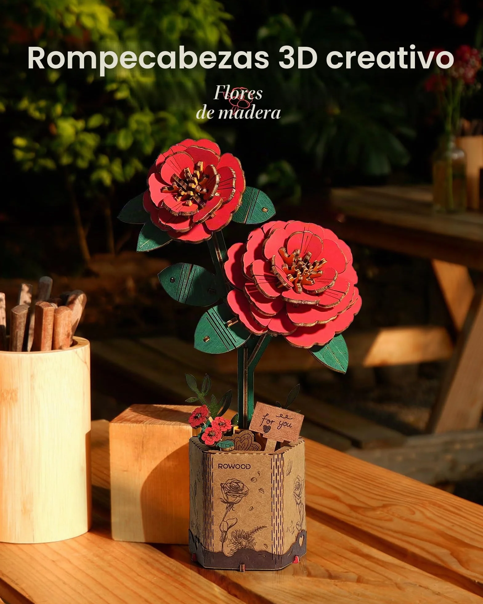 Puzzle 3D DIY Flor de Madera Maqueta de Flores Artificiales para Montar Adultos (Red Camellia)