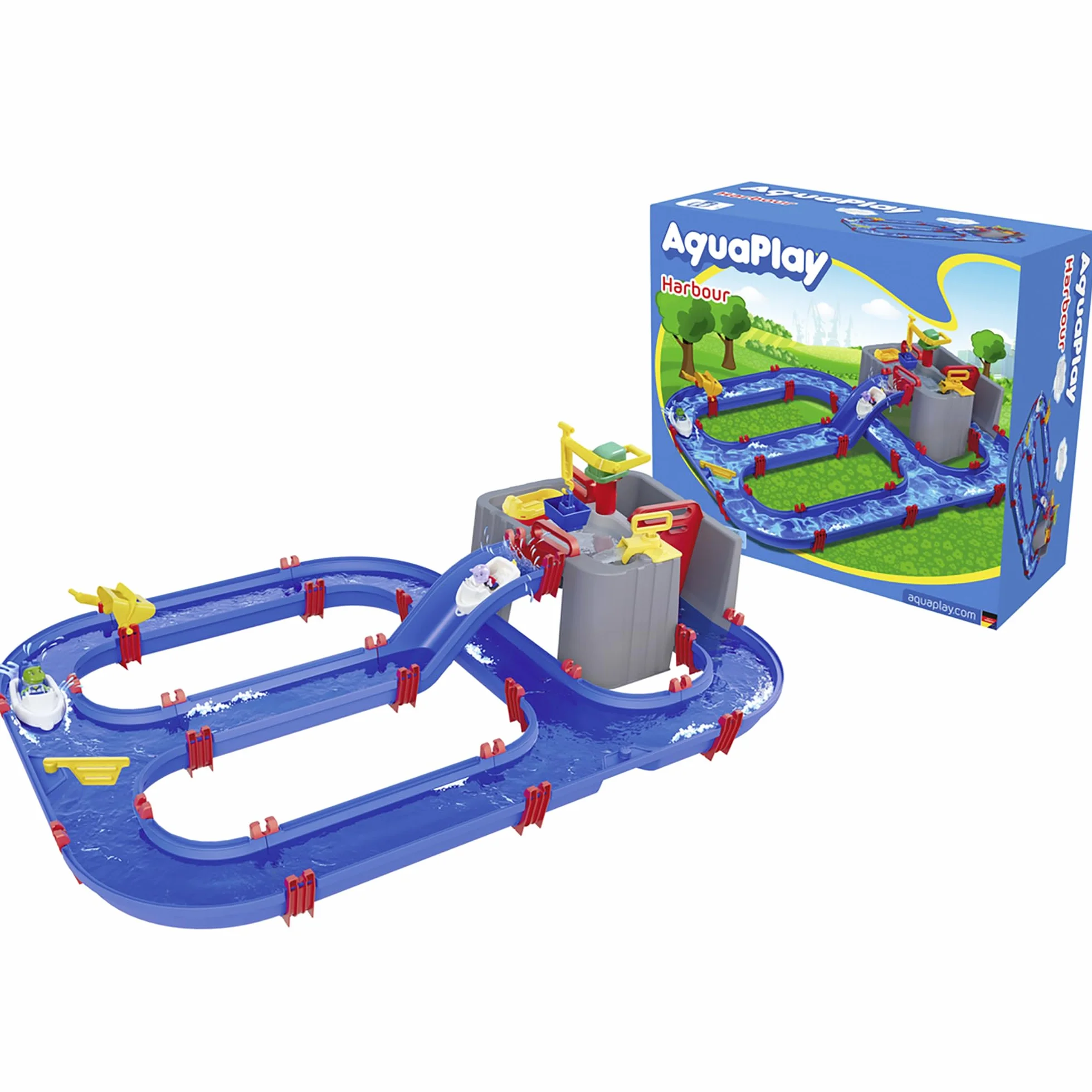 AquaPlay Harbour Waterbahn - Juego de Agua para Exteriores con Tren, Barcos y 2 Figuras de Juego, Juguete acuático para niños a Partir de 3 años, 128 x 93 x 40 cm