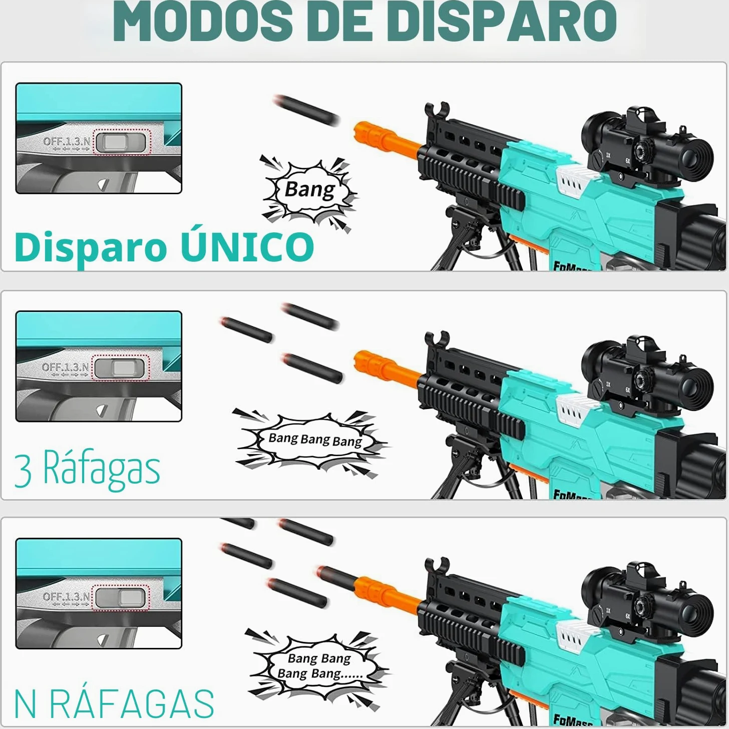 Pistola de Juguete eléctrica para niños, 3 Modos, 50 pies, 2 revistas, 100 Dardos, Recargable, 6 años en adelante, niños