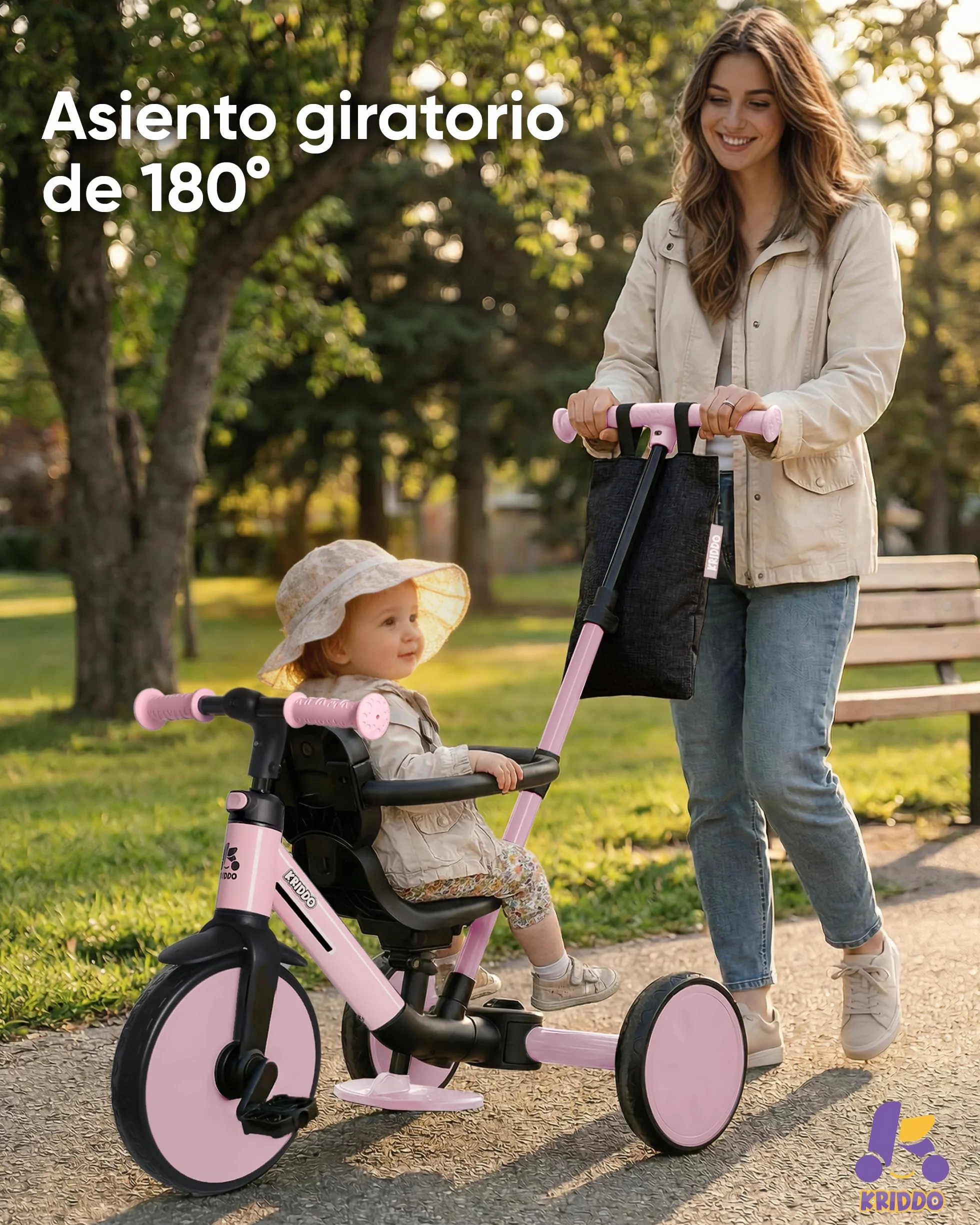 KRIDDO Triciclo Evolutivo 7 en 1 para Niños de 18 Meses a 5 Años – con Barra de Empuje, Triciclo y Bicicleta con o sin Pedales, Arnés de 3 Puntos, Bolsa de Almacenamiento, Rosa