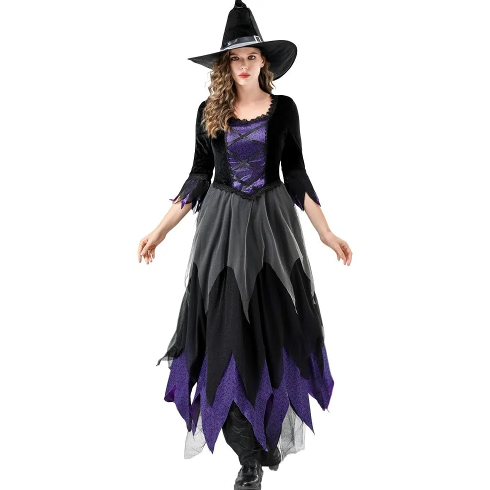 Generisch Disfraz de bruja para mujer, elegante vestido de cosplay gótico, vestido de Halloween con encaje de manga larga