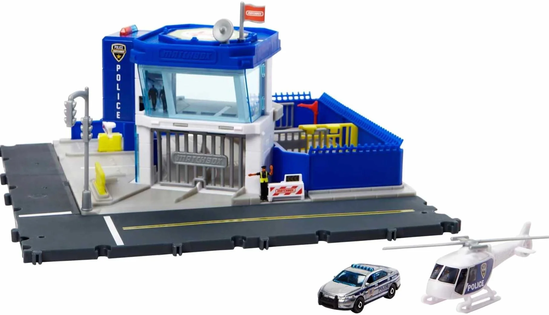 Matchbox Action Drivers Estación de policía Set de Juego con Pistas para Coches de Juguete con Sonidos, Incluye 1 vehículo y 1 helicóptero, +3 años (Mattel HHW22)