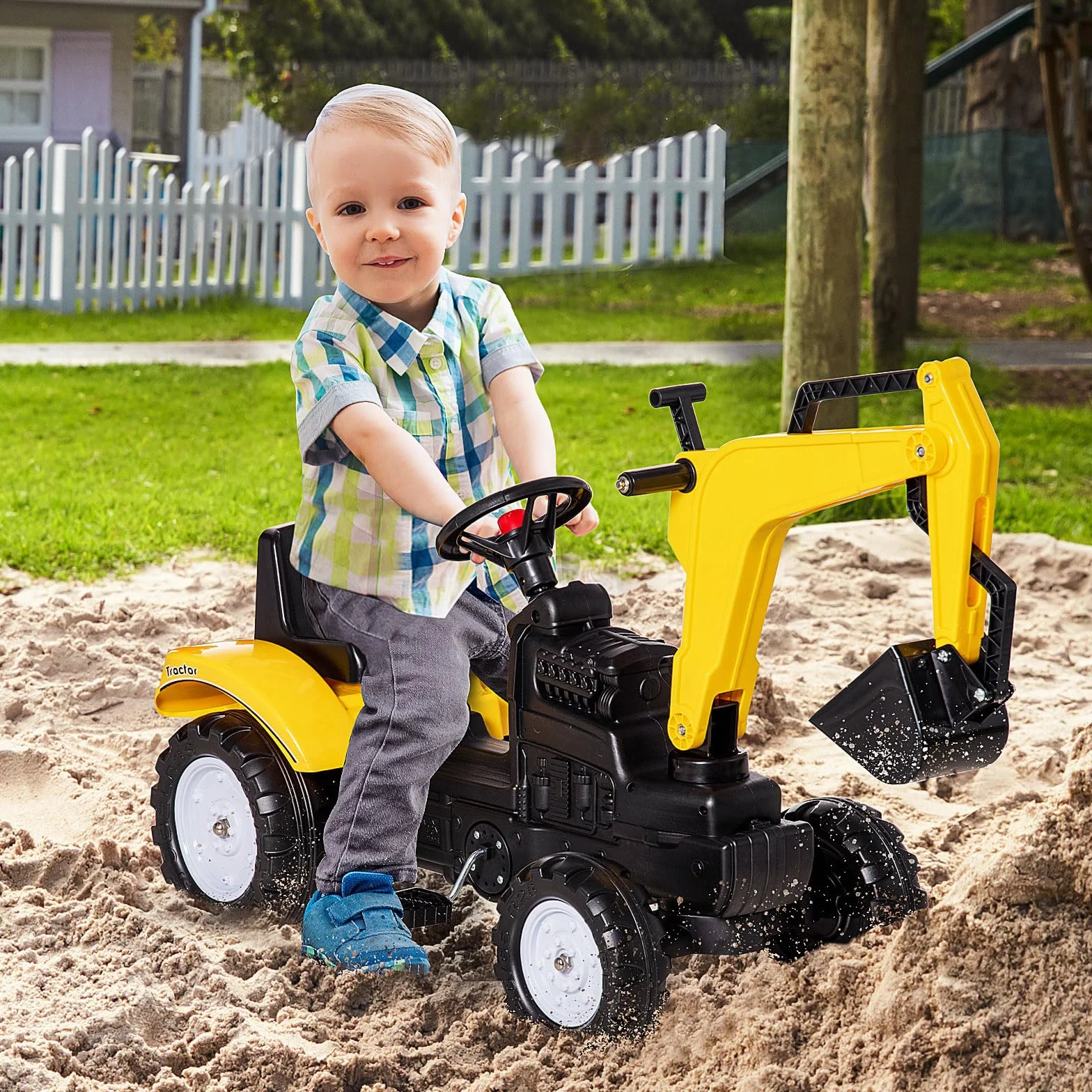 HOMCOM Tractor a Pedales para Niños de +3 Años Excavadora para Niños con Claxon y Pala Delantera Tractor Infantil para Exterior Carga 35kg 107x42x71 cm Amarillo