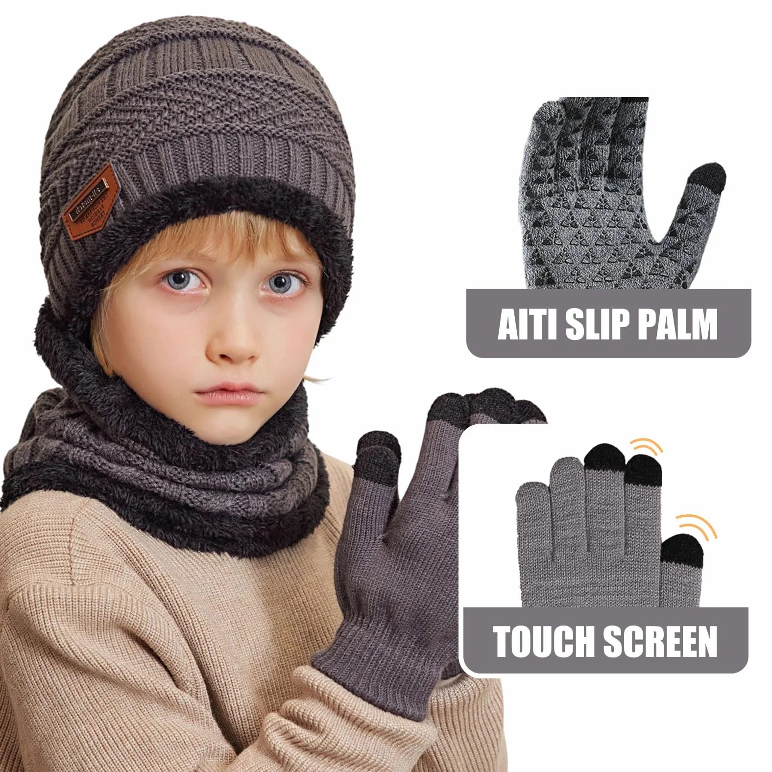 Gorro Invierno Niños Niñas Conjunto Bufanda Guantes Forro Polar Pantalla Táctil 5-10 Años