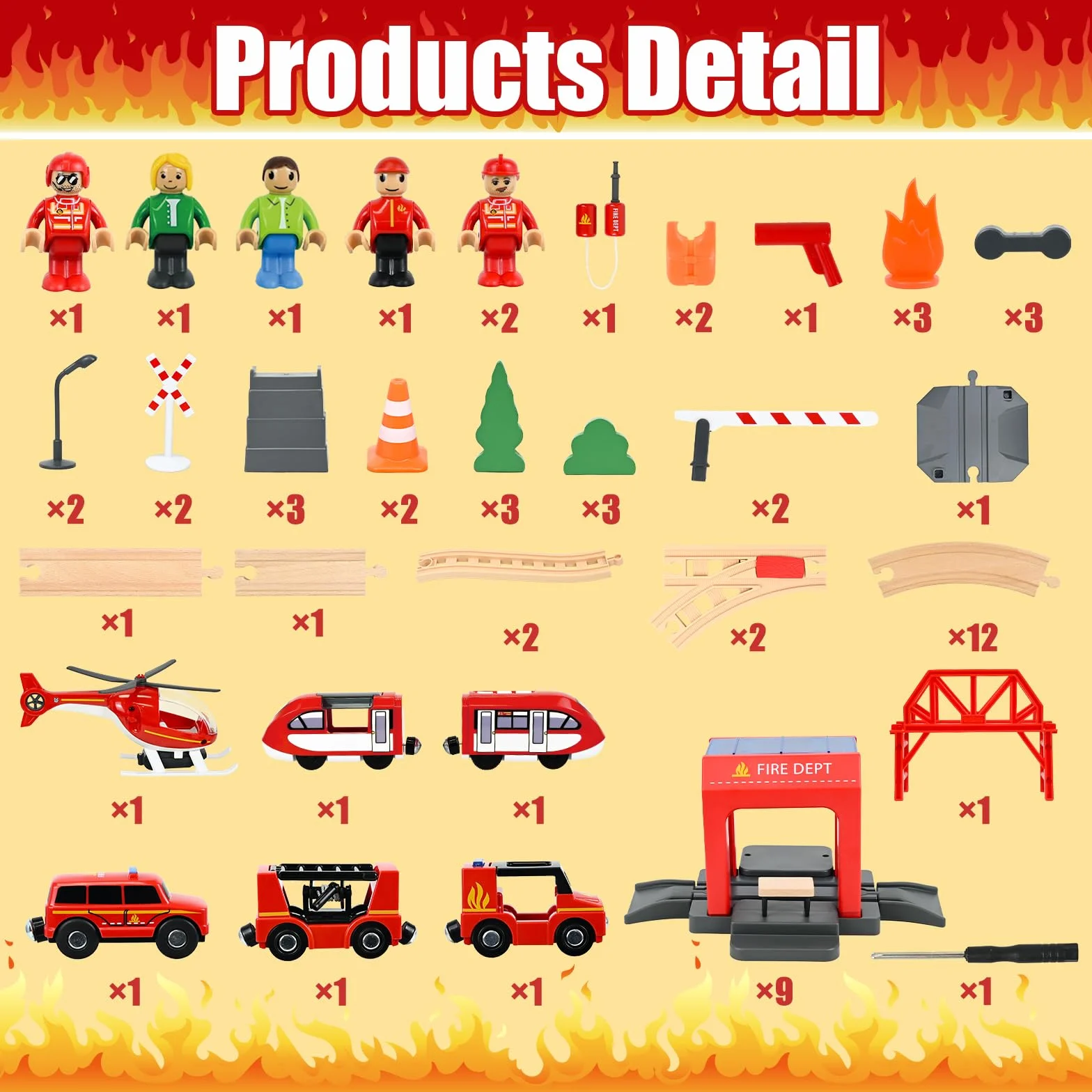 Juego de Tren de Madera para Niños, 69 Piezas, Pistas de Tren Eléctrico + Coche de Bomberos + Equipo de Rescate
