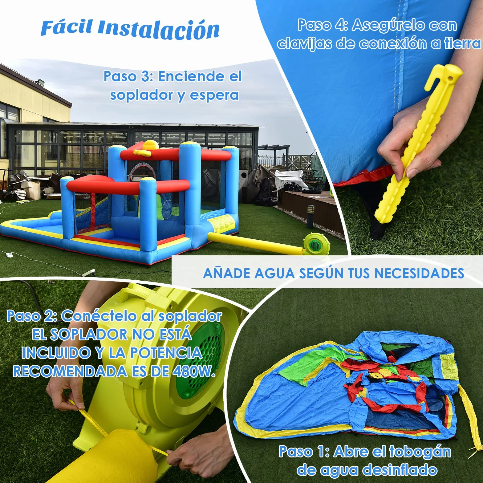 COSTWAY Tobogán Acuático Inflable, Castillo Inflable con Tobogán Mojado Seco para Interior y Exterior, Parque Acuático Portátil para Patio con Pelotas, Pelota de Baloncesto Inflable sin Compresor
